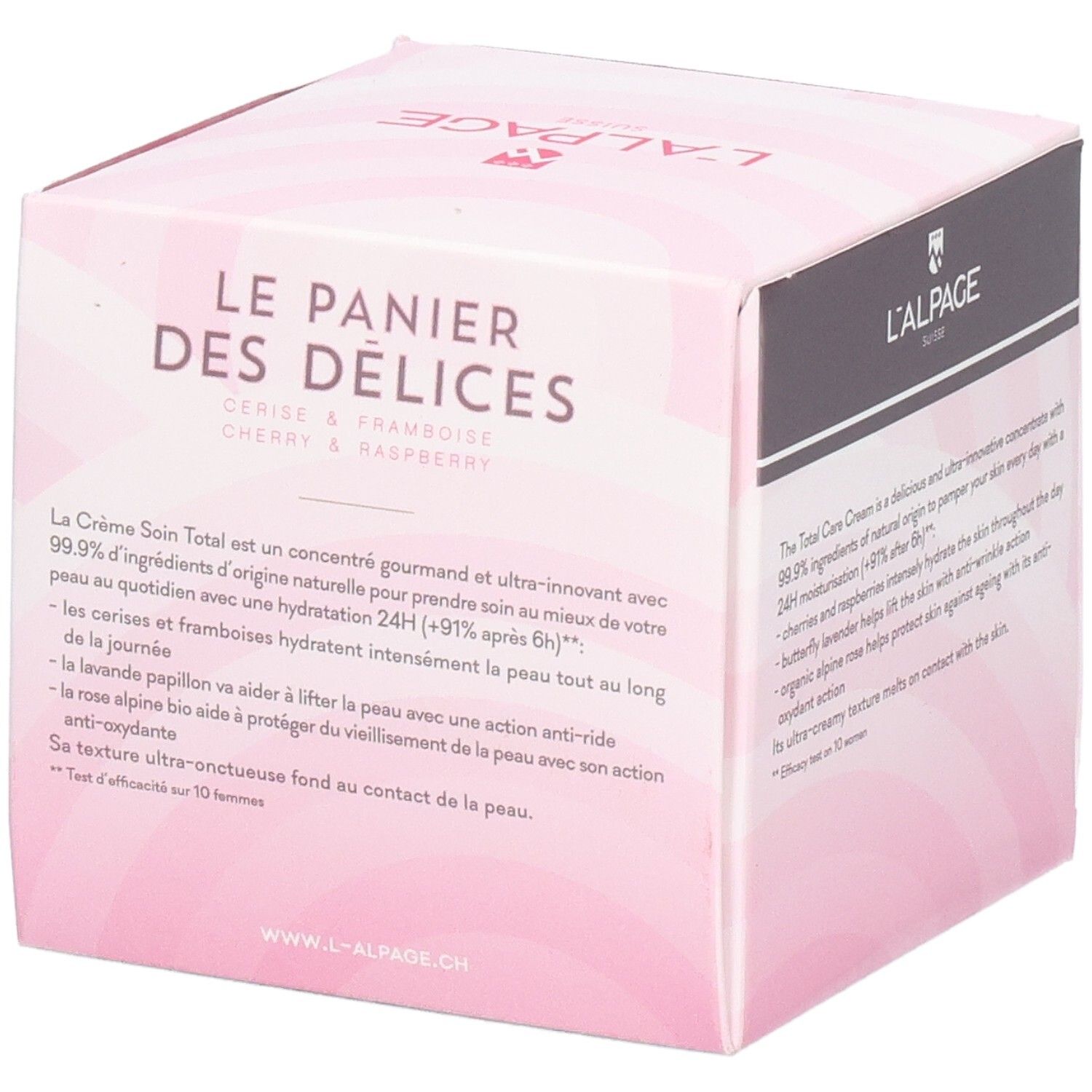 Rosa Verpackung mit Produktnamen und Logo. Text: Crème soin total, Kirsche & Himbeere. Marke: L'ALPAGE.