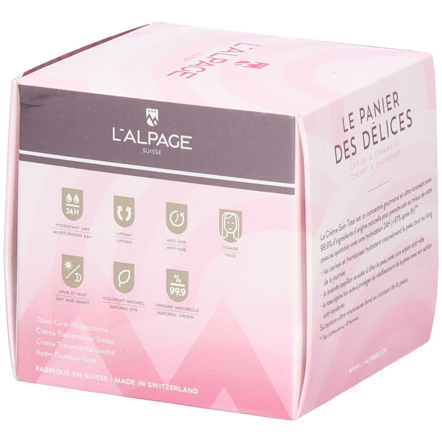 Rosa Verpackung mit Produktnamen und Logo. Text: Crème soin total, Kirsche & Himbeere. Marke: L'ALPAGE.