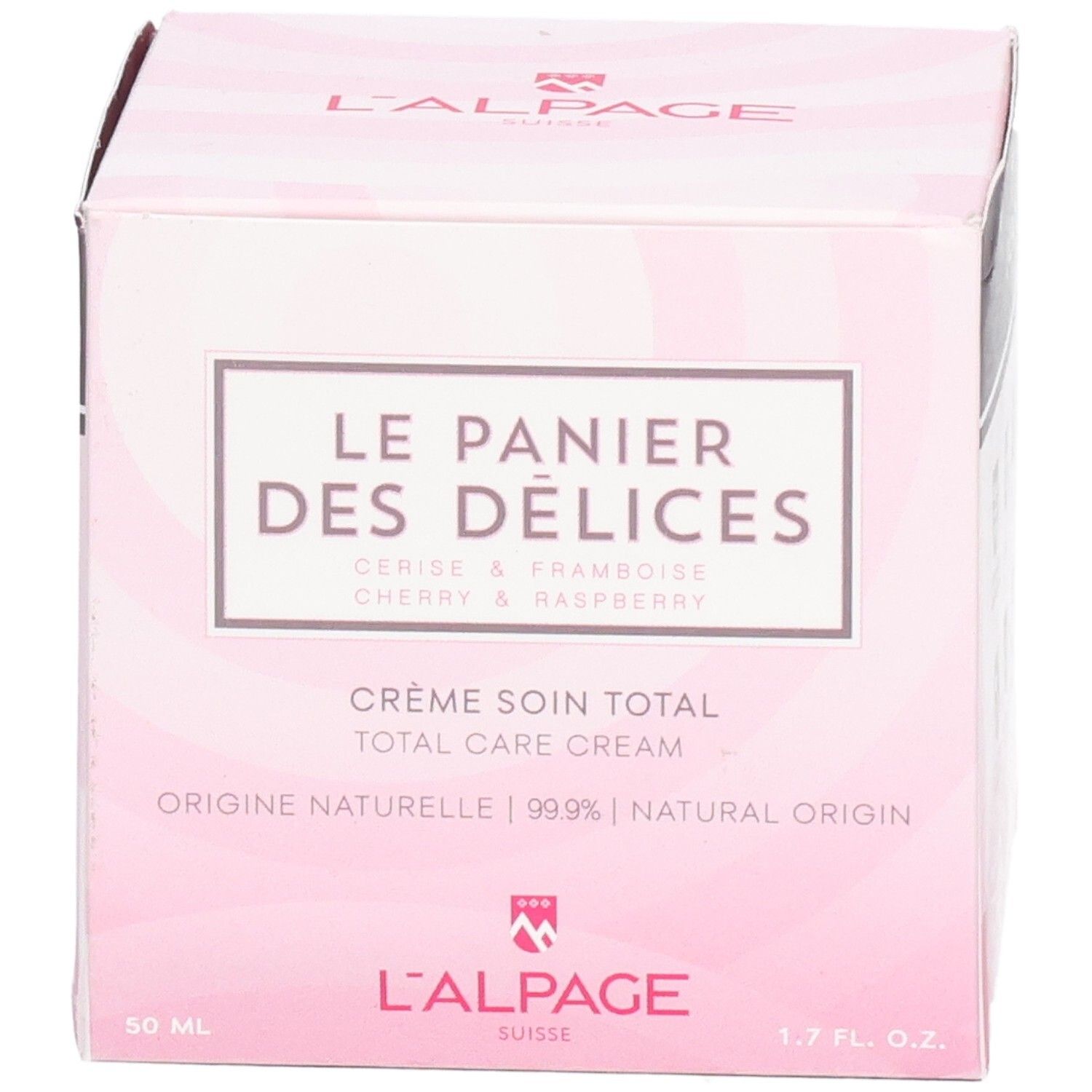 Rosa Verpackung mit Produktnamen und Logo. Text: Crème soin total, Kirsche & Himbeere. Marke: L'ALPAGE.