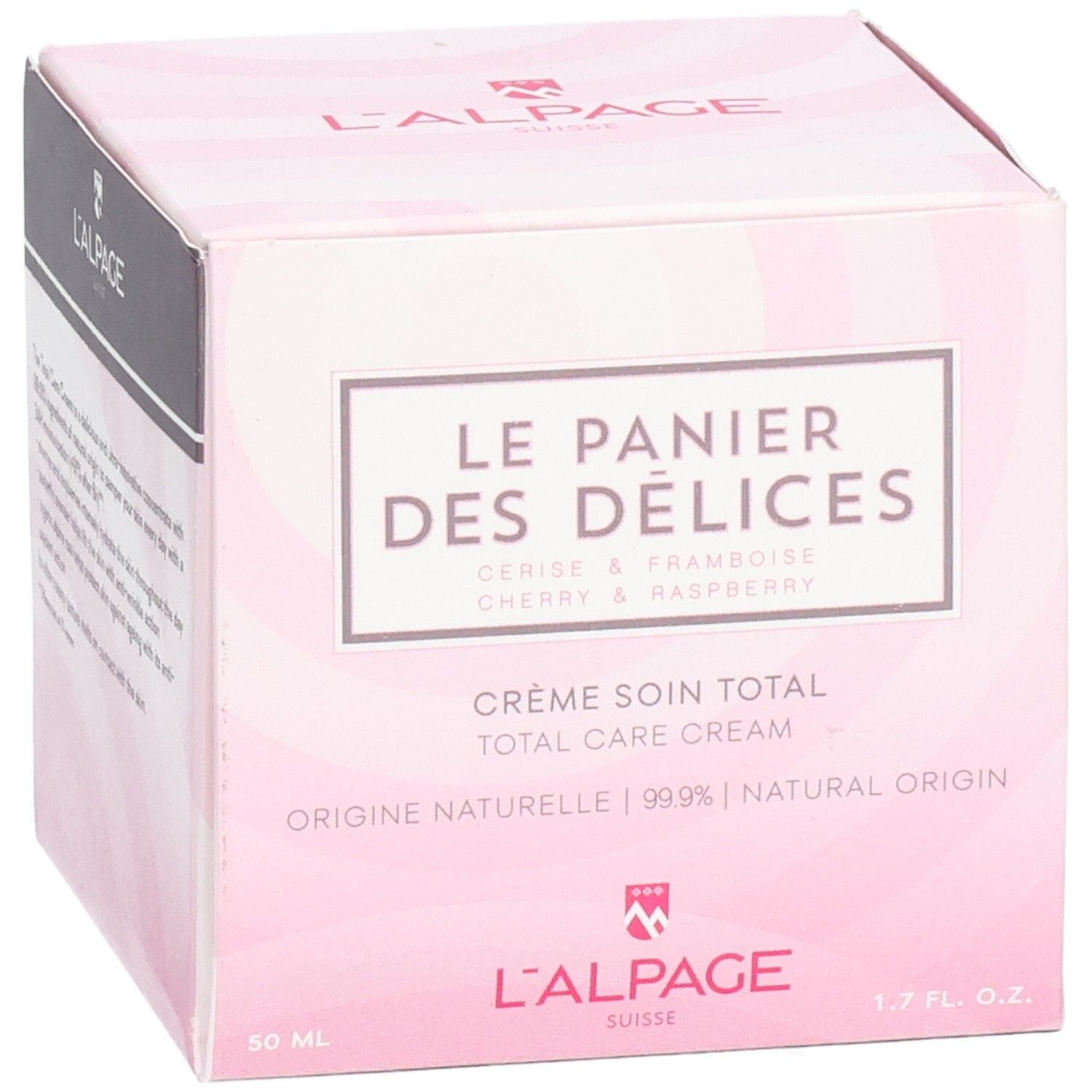 Rosa Verpackung mit Produktnamen und Logo. Text: Crème soin total, Kirsche & Himbeere. Marke: L'ALPAGE.