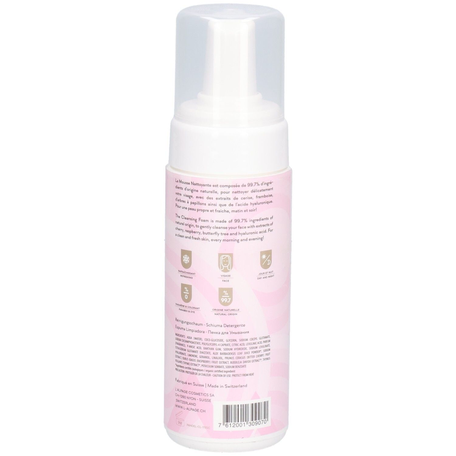 Reinigungsschaum-Flasche, Rückansicht. Weißer Spender mit durchsichtigem Deckel. Rosa Etikett mit Text und Logos.