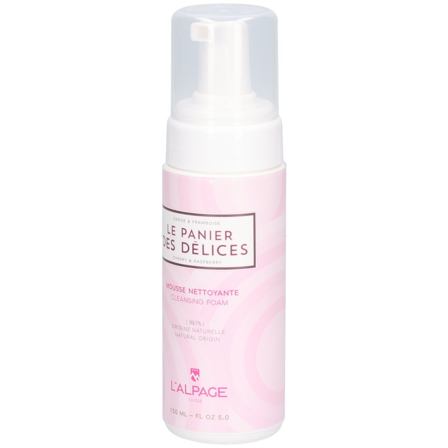 Reinigungsschaum-Flasche. Weißer Spender mit durchsichtigem Deckel. Rosa Etikett mit Produktnamen und Marke L'ALPAGE.
