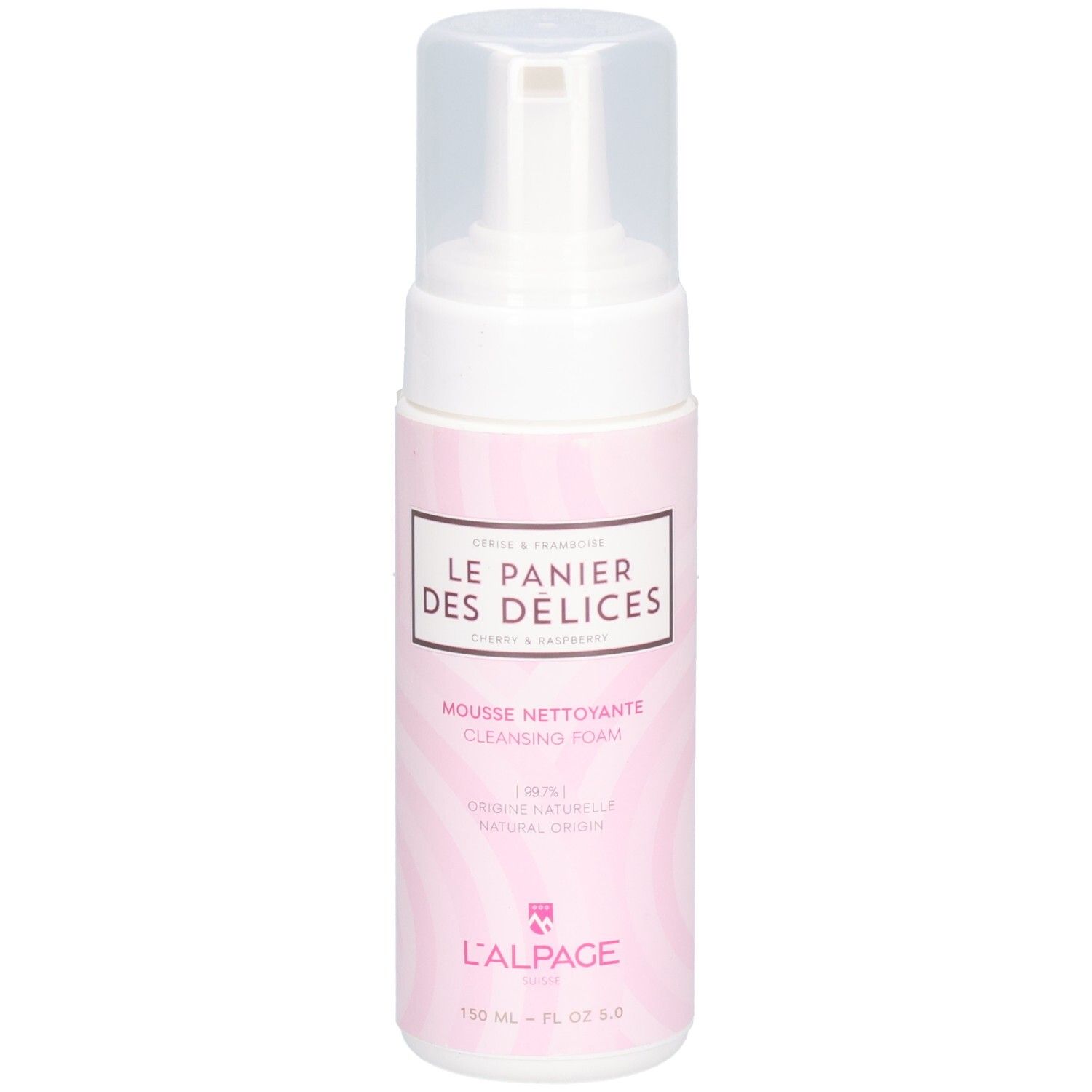Reinigungsschaum-Flasche. Weißer Spender mit durchsichtigem Deckel. Rosa Etikett mit Produktnamen und Marke L'ALPAGE.