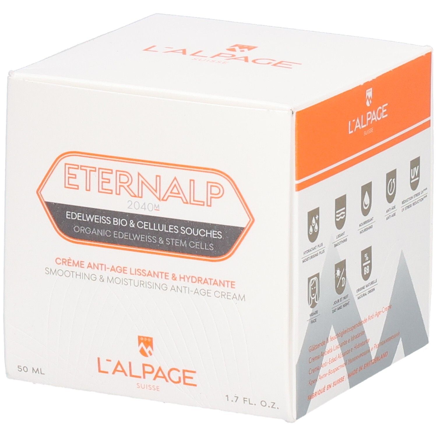 Weiße Verpackung mit orangefarbenen Akzenten. Aufschrift: Eternalp 2040m, Anti-Aging-Creme. Marke: L'ALPAGE.