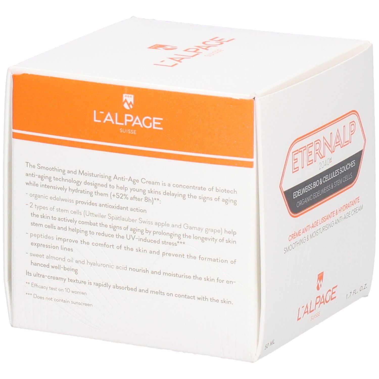 Weiße Verpackung mit Text. Aufschrift: Eternalp 2040m, Anti-Aging-Creme. Marke: L'ALPAGE.