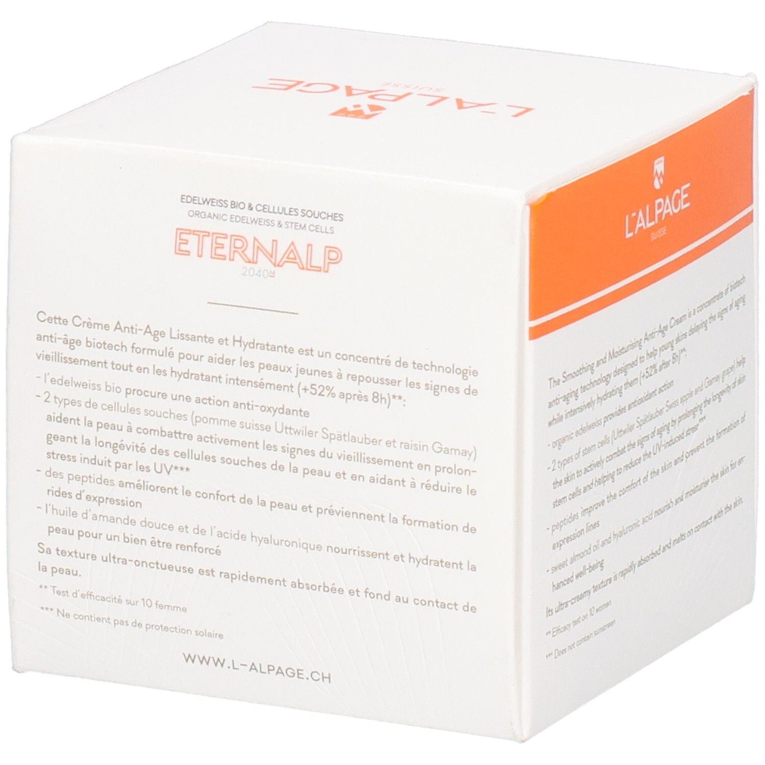 Weiße Verpackung mit Text und orangefarbenen Akzenten. Aufschrift: Eternalp 2040m, Anti-Aging-Creme. Marke: L'ALPAGE.