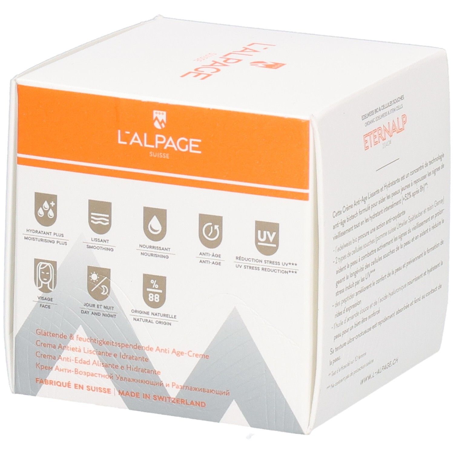 Weiße Verpackung mit Symbolen und Text. Aufschrift: Eternalp 2040m, Anti-Aging-Creme. Marke: L'ALPAGE.
