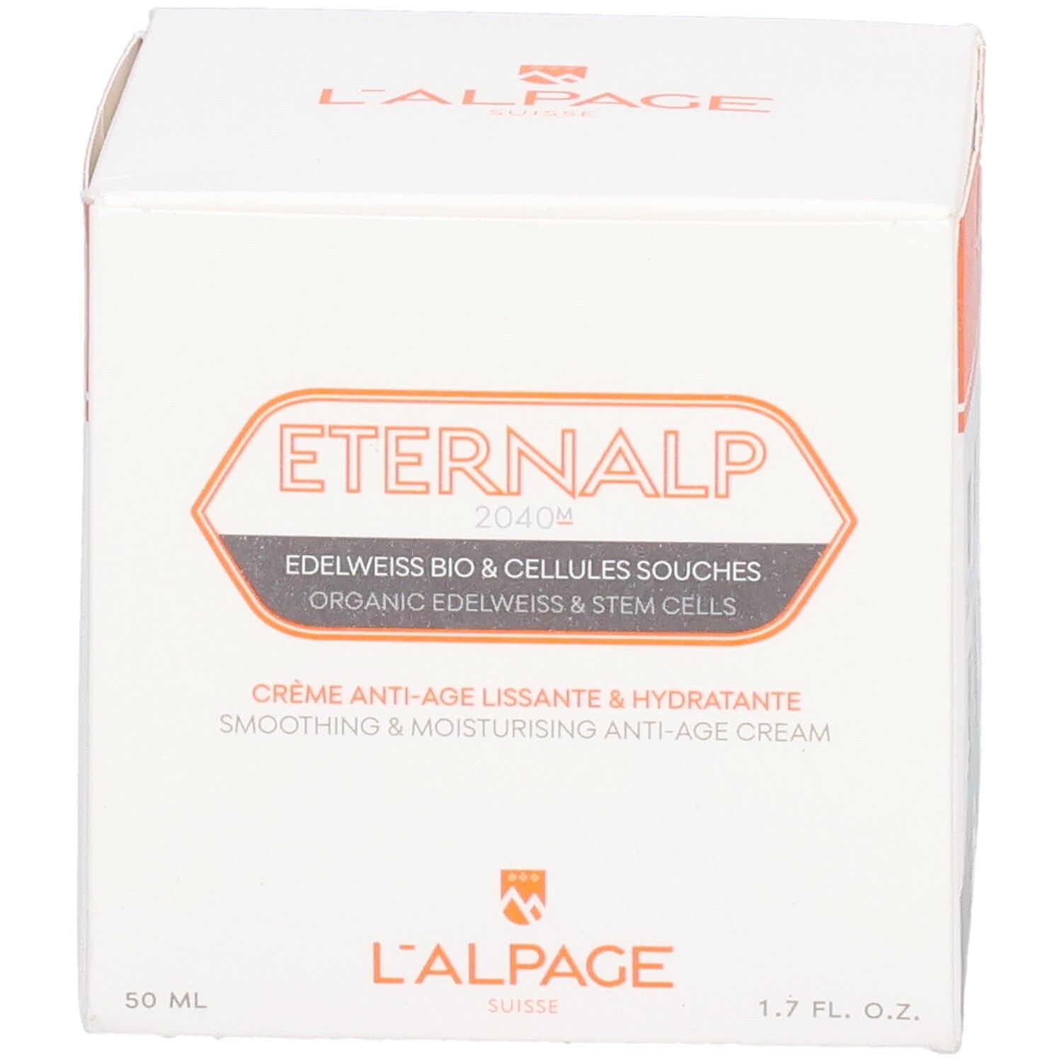 Weiße Verpackung mit Aufschrift: Eternalp 2040m, Anti-Aging-Creme. Marke: L'ALPAGE.