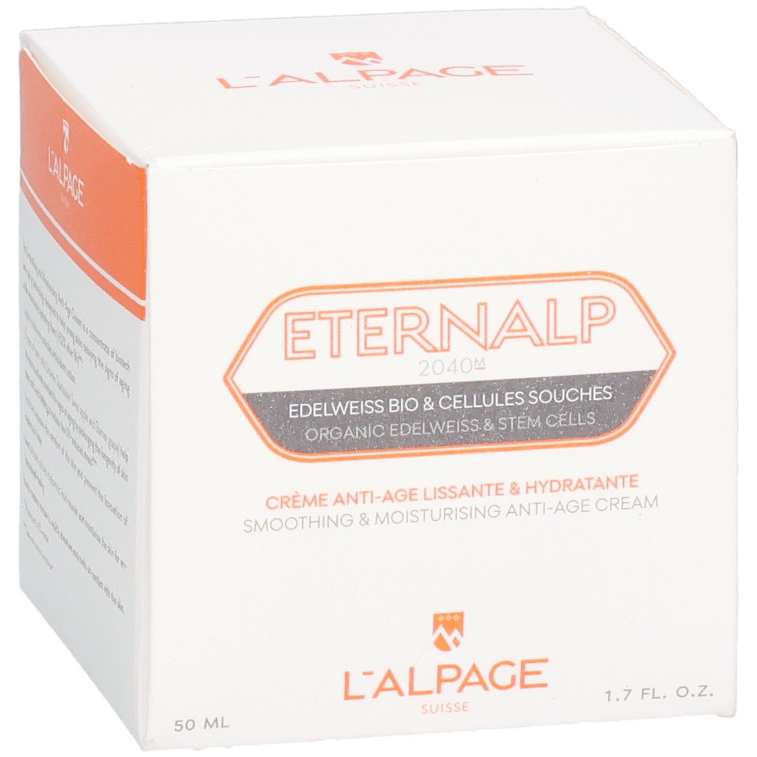 Weiße Verpackung mit Aufschrift: Eternalp 2040m, Anti-Aging-Creme. Marke: L'ALPAGE.