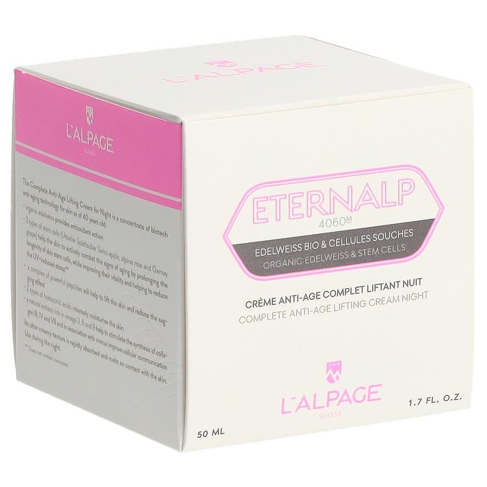 Weiße Verpackung mit rosa Akzenten. Text: Eternalp 4060m, Crème Anti-Âge Complet Liftant Nuit. L'ALPAGE.