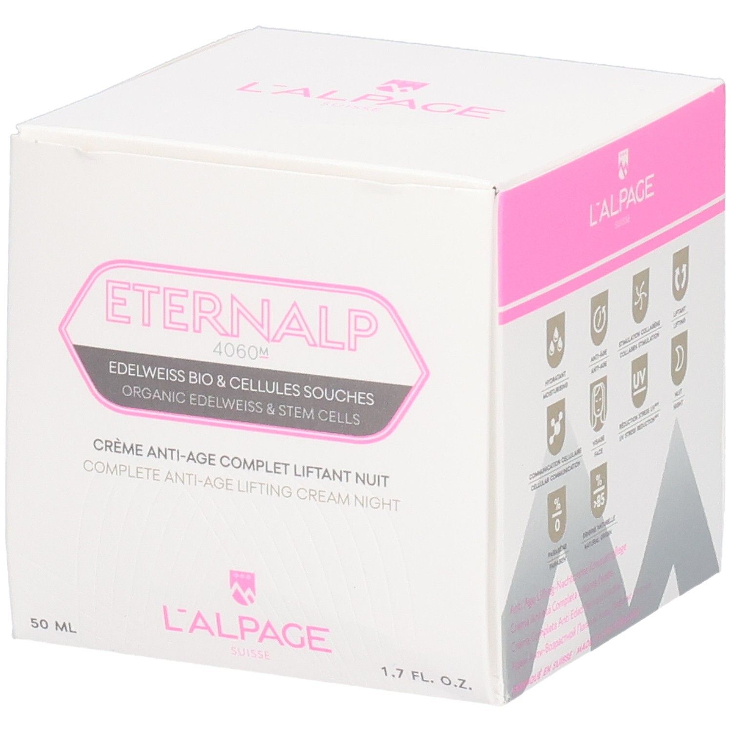 Weiße Verpackung mit rosa Akzenten. Text: Eternalp 4060m, Crème Anti-Âge Complet Liftant Nuit. L'ALPAGE.