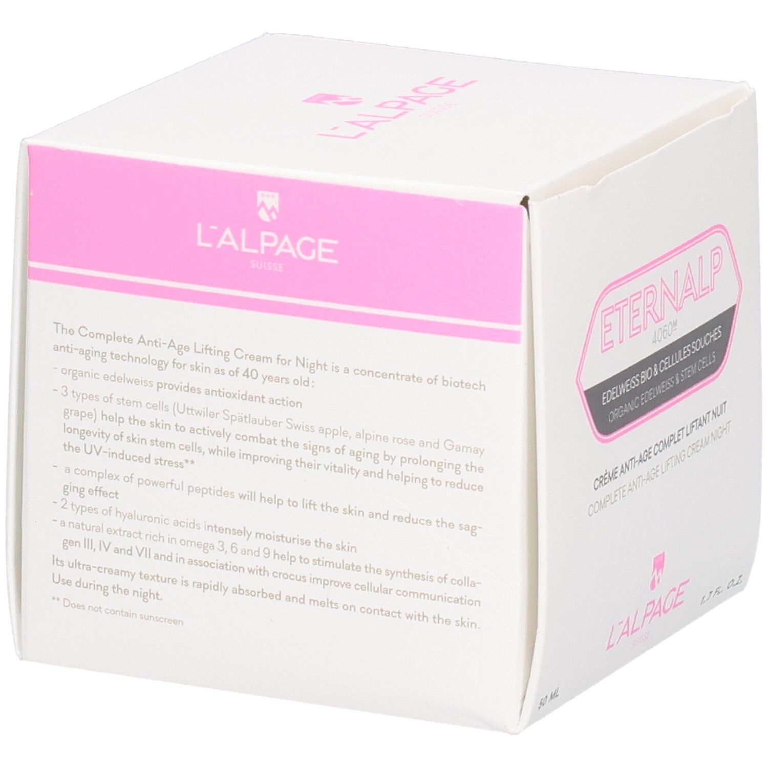 Weiße Verpackung mit rosa Akzenten. Text: Eternalp 4060m, Crème Anti-Âge Complet Liftant Nuit. L'ALPAGE.