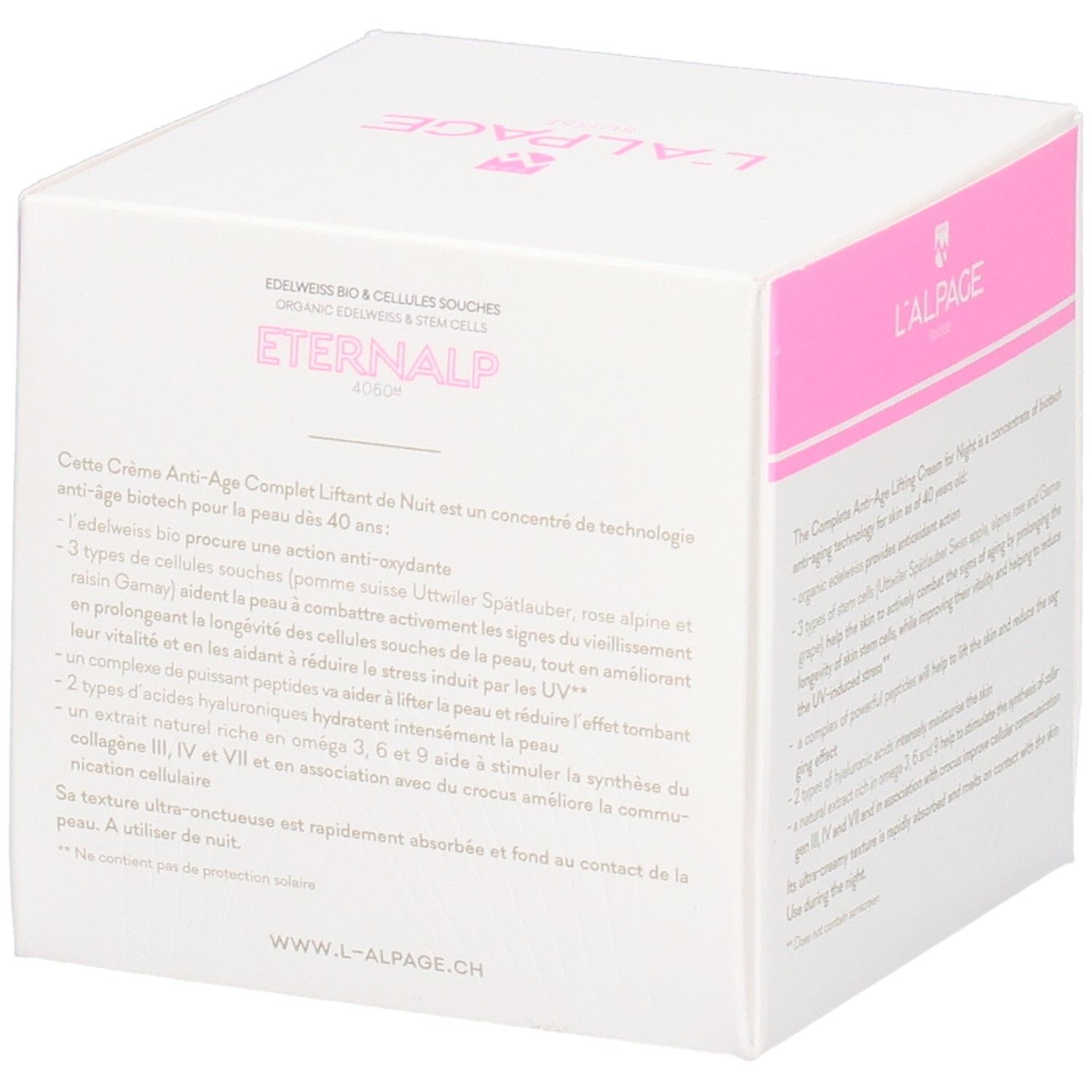 Weiße Verpackung mit rosa Akzenten. Text: Eternalp 4060m, Crème Anti-Âge Complet Liftant Nuit. L'ALPAGE.