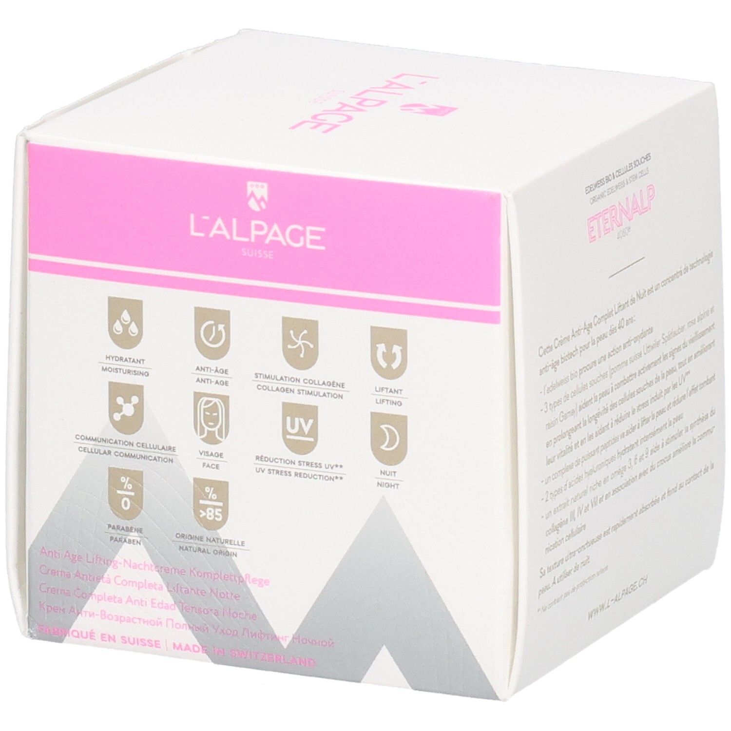 Weiße Verpackung mit rosa Akzenten. Text: Eternalp 4060m, Crème Anti-Âge Complet Liftant Nuit. L'ALPAGE.