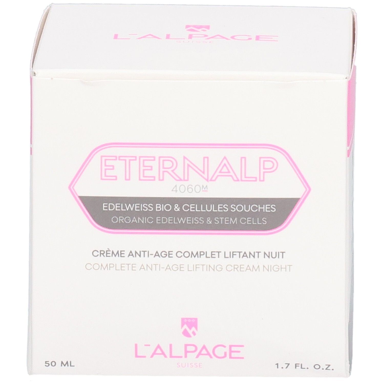 Weiße Verpackung mit rosa Akzenten. Text: Eternalp 4060m, Crème Anti-Âge Complet Liftant Nuit. L'ALPAGE.