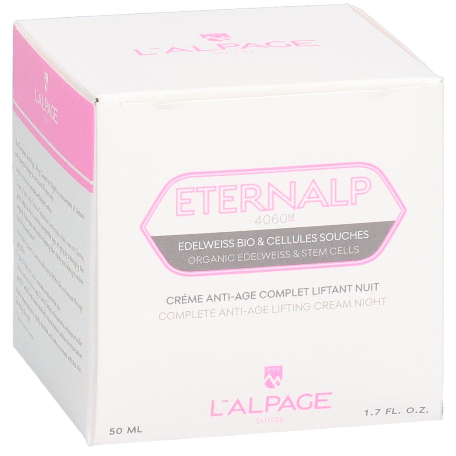 Weiße Verpackung mit rosa Akzenten. Text: Eternalp 4060m, Crème Anti-Âge Complet Liftant Nuit. L'ALPAGE.
