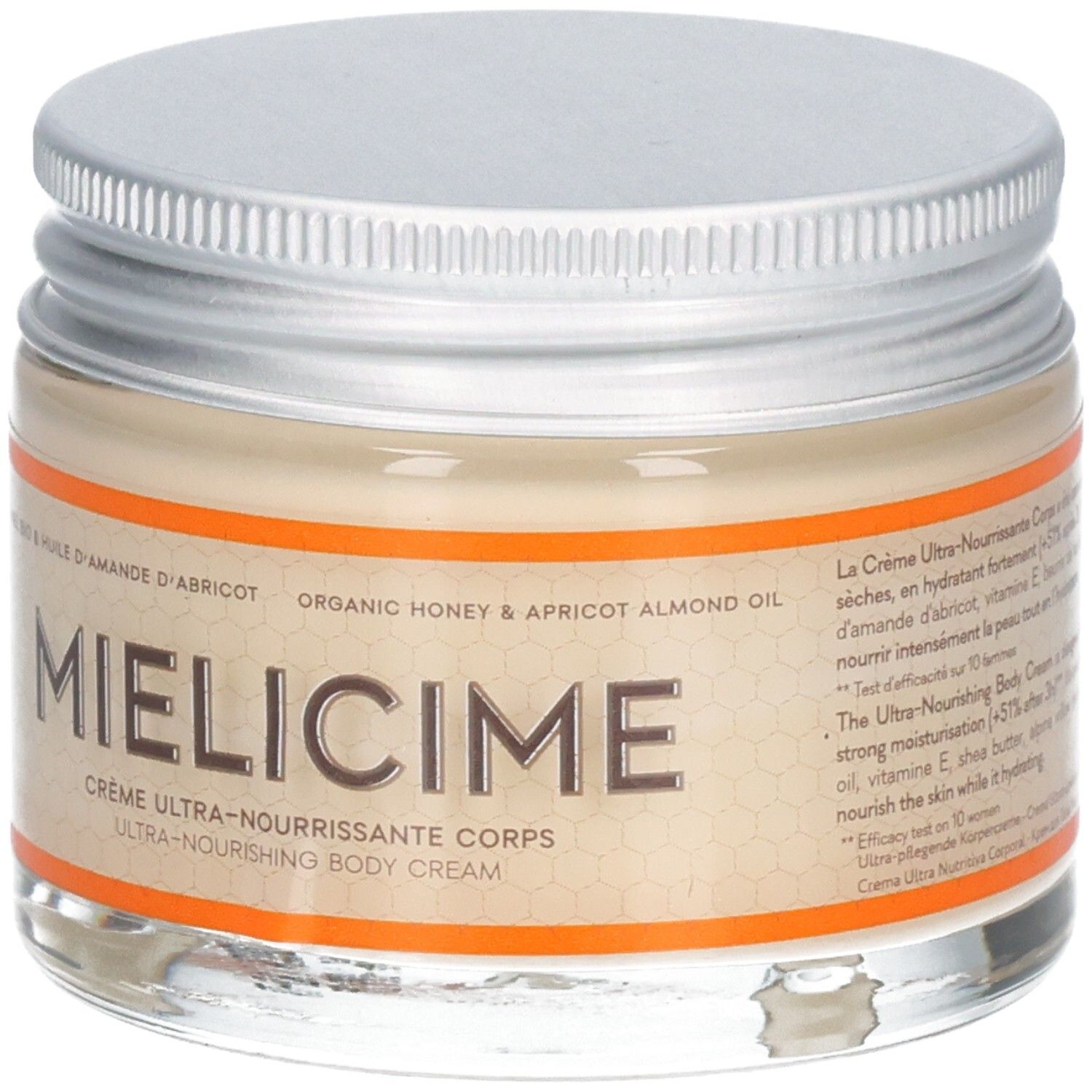 Glasbehälter mit silbernem Deckel, Mielicime Ultra-Nourishing Body Cream, Bio-Honig & Aprikosenkernöl.