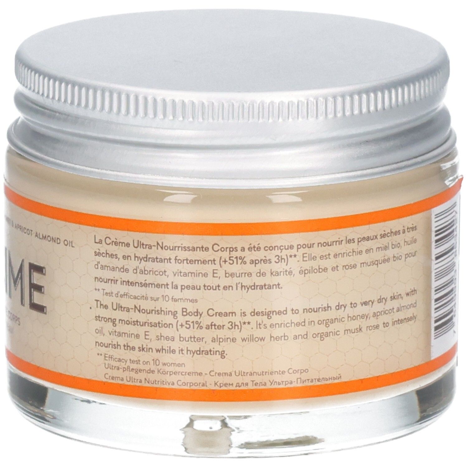 Glasbehälter mit Körpercreme, silberner Deckel. Enthält Honig, Aprikosenkernöl, Vitamin E.