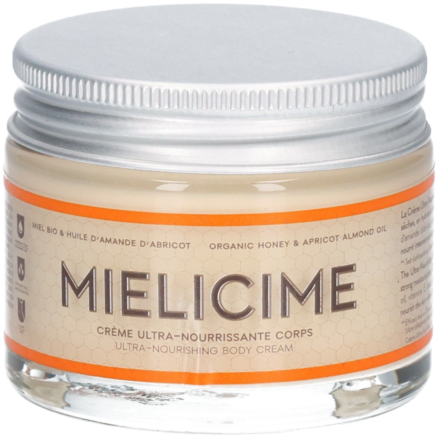 Glasbehälter mit silbernem Deckel, enthaltend MIELICIME Ultra-Nährende Körpercreme mit Bio-Honig und Aprikosenkernöl.