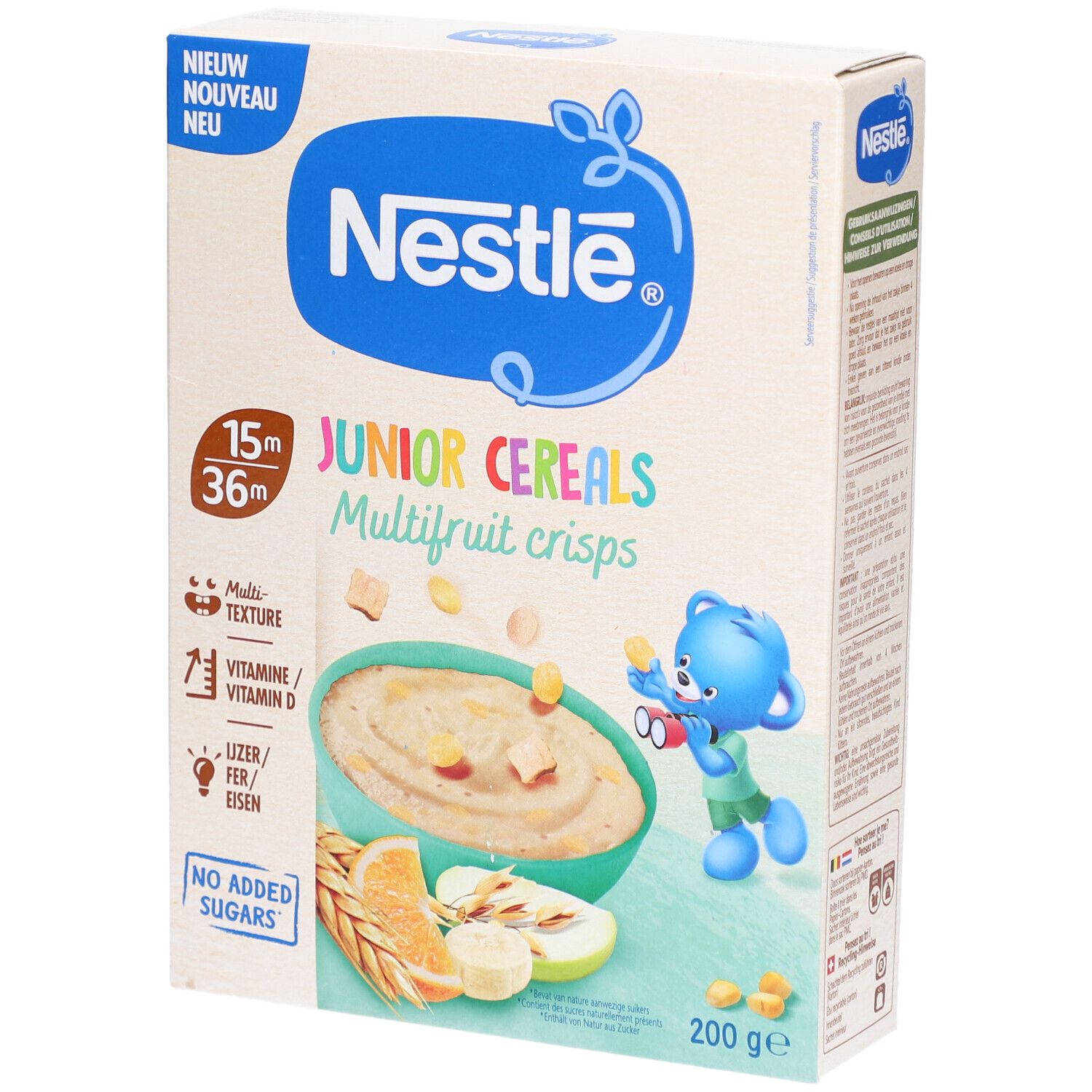 Verpackung von Nestlé Junior Cereals Crisps Multifruit. Enthält Cerealien, Obst und Vitamin D. 200g. Für Kinder von 15 bis 36 Monaten.