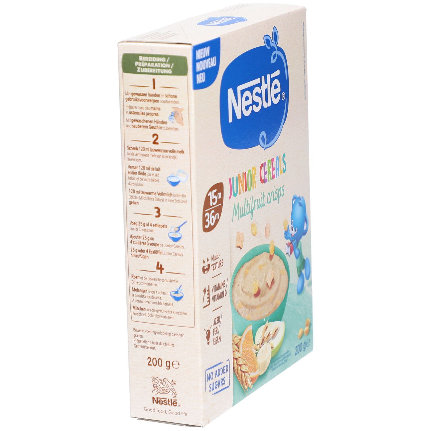 Rückseite der Nestlé Junior Cereals Crisps Multifruit Verpackung. Enthält Zubereitungshinweise und Nährwertangaben. 200g.