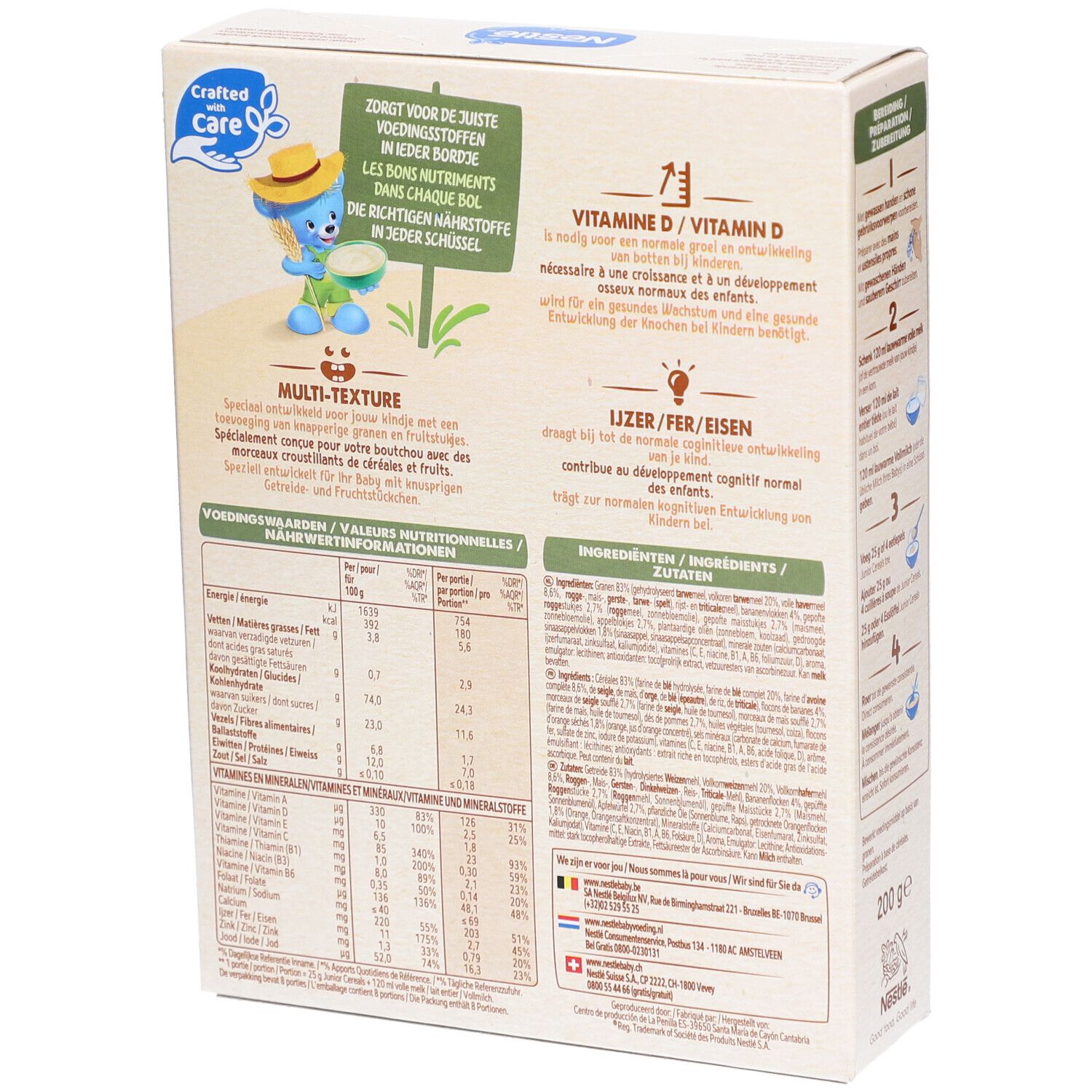 Rückseite der Nestlé Junior Cereals Crisps Multifruit Verpackung. Enthält Nährwertangaben, Zutaten und Informationen. 200g.