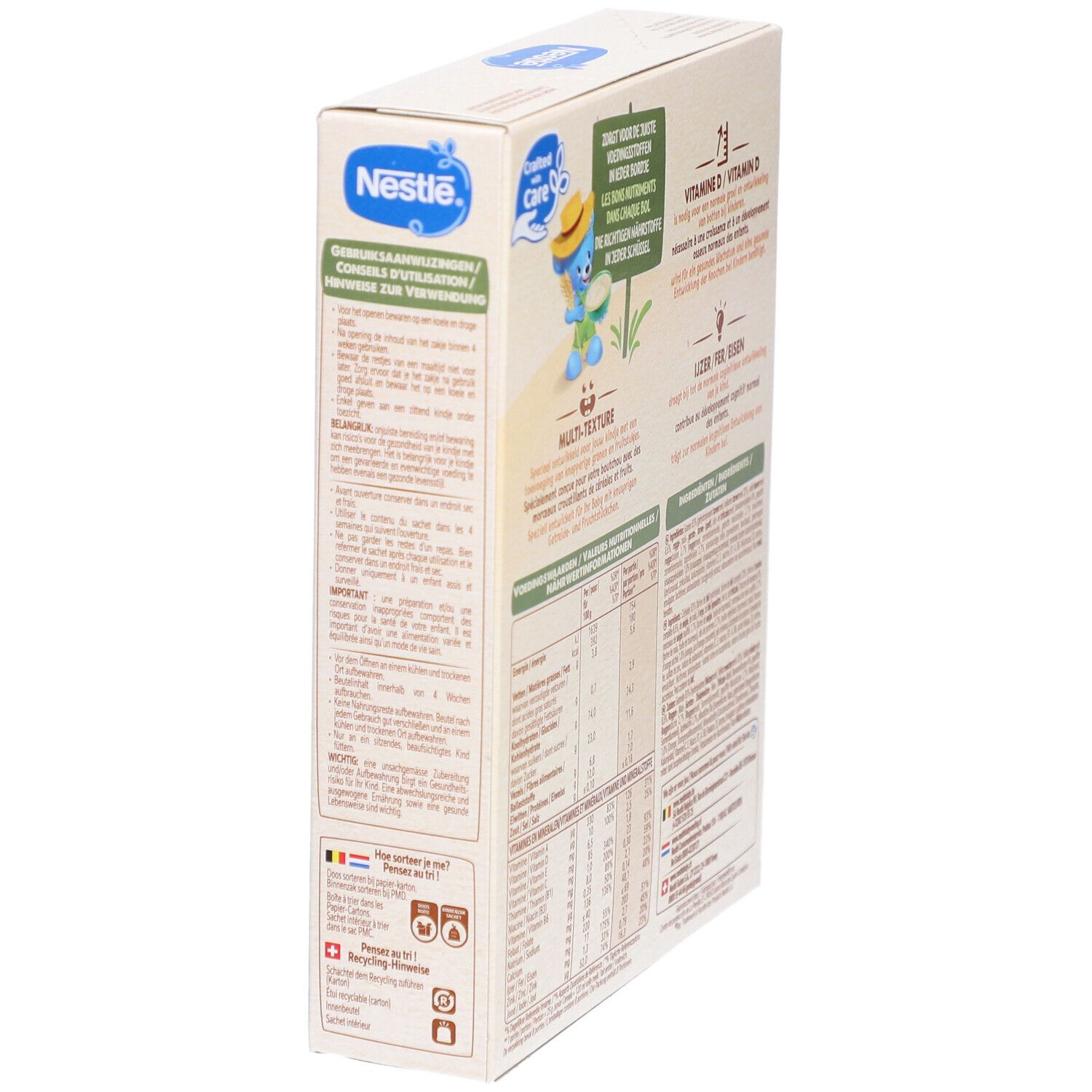 Seite der Nestlé Junior Cereals Crisps Multifruit Verpackung. Enthält Informationen und Zubereitungshinweise. 200g.