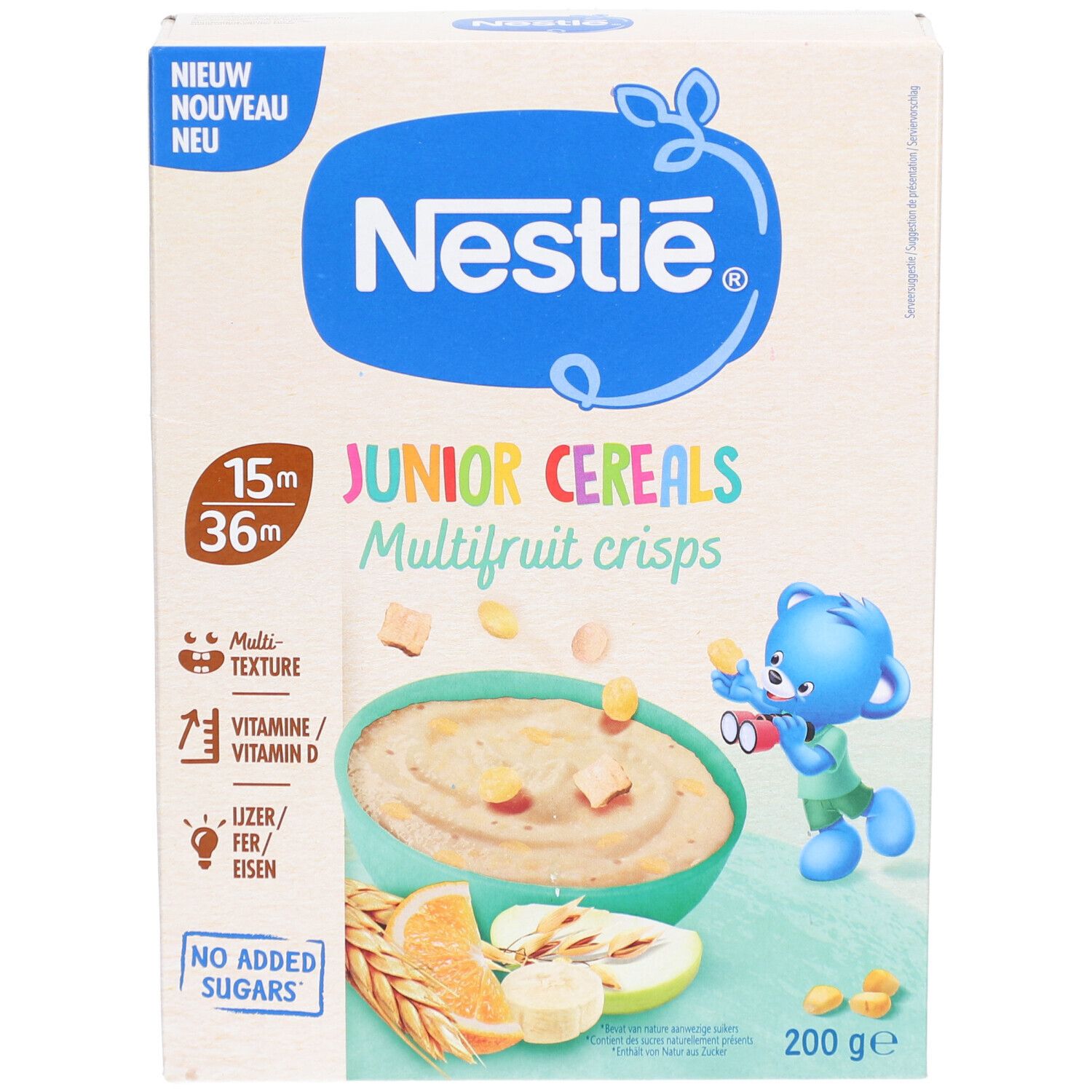 Vorderseite der Nestlé Junior Cereals Crisps Multifruit Verpackung. Enthält Cerealien, Obst und Vitamin D. 200g. Für Kinder.