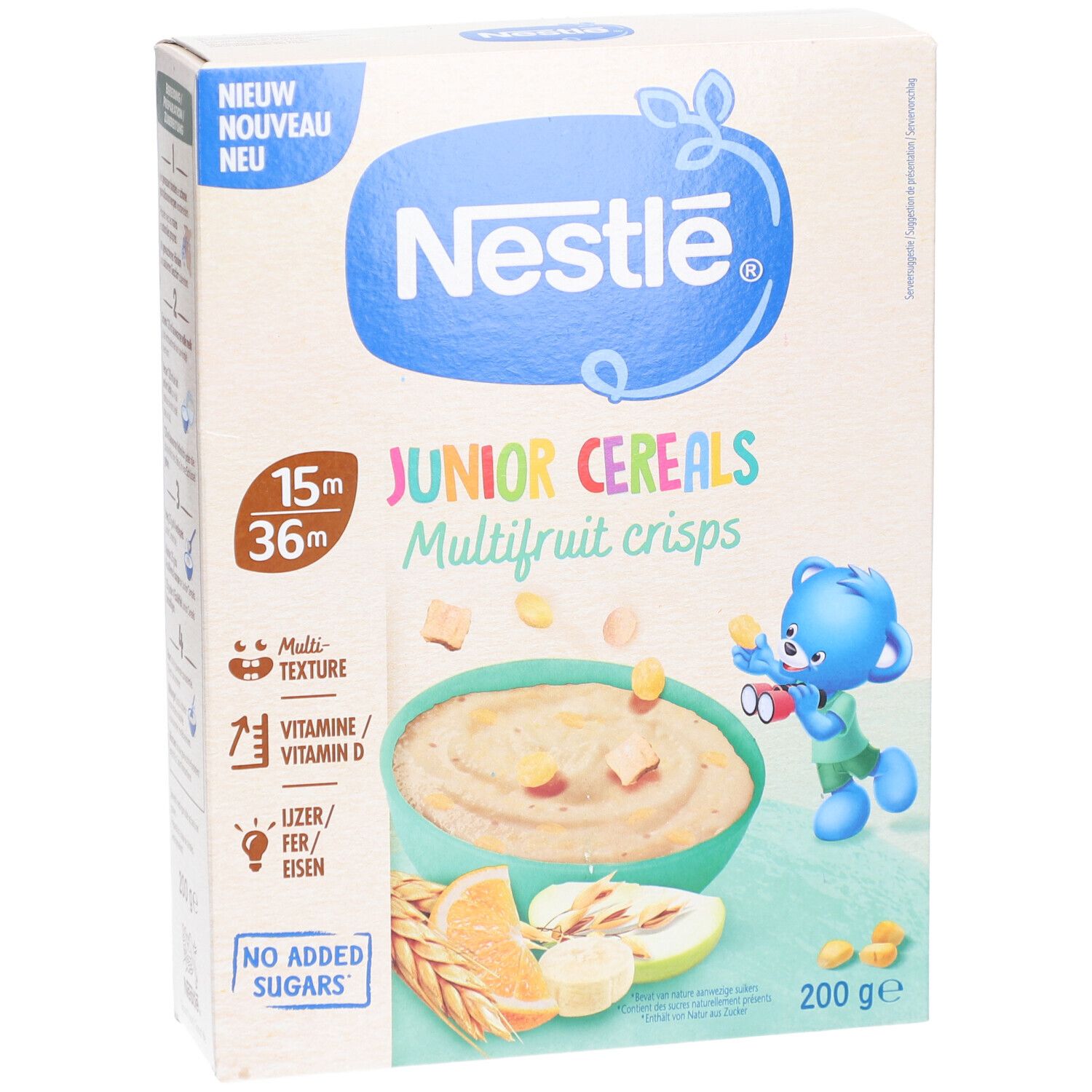 Vorderseite der Nestlé Junior Cereals Crisps Multifruit Verpackung. Enthält Cerealien, Obst und Vitamin D. 200g. Für Kinder.
