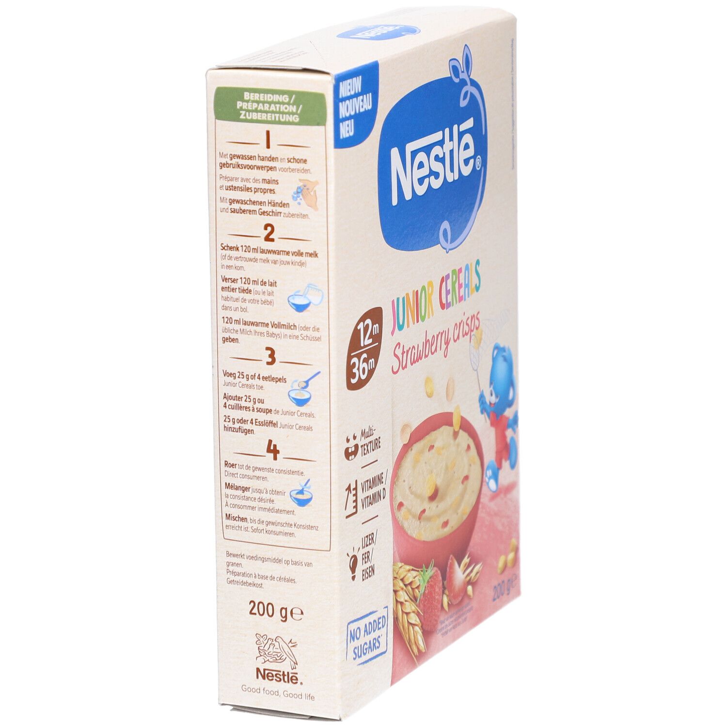 Seitenansicht der Nestlé Junior Cereals Crisps Erdbeere Verpackung. Zeigt Zubereitungshinweise und Produktinformationen. 200g. Für Kinder von 12 bis 36 Monaten.
