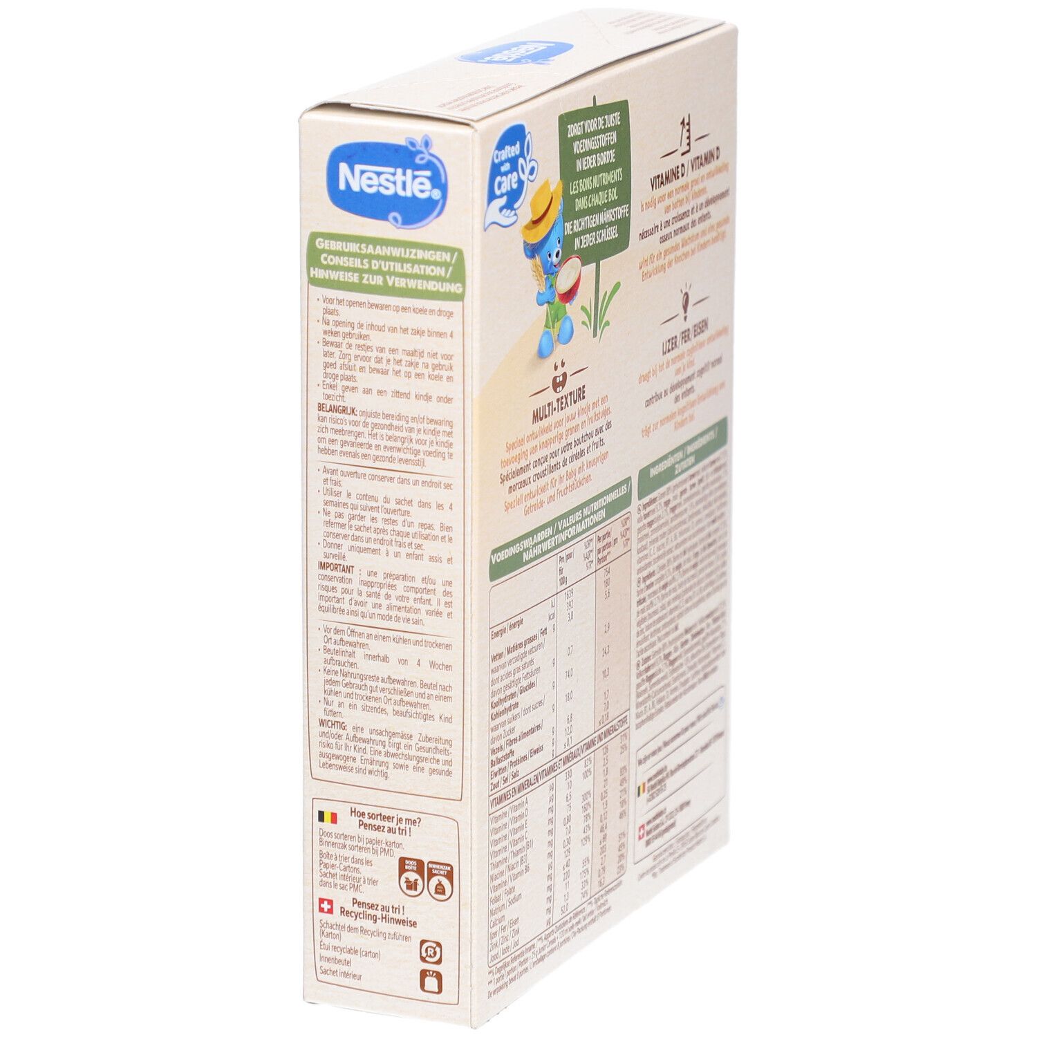 Seitenansicht der Nestlé Junior Cereals Crisps Erdbeere Verpackung. Zeigt Produktinformationen und Logos. Für Kinder von 12 bis 36 Monaten.