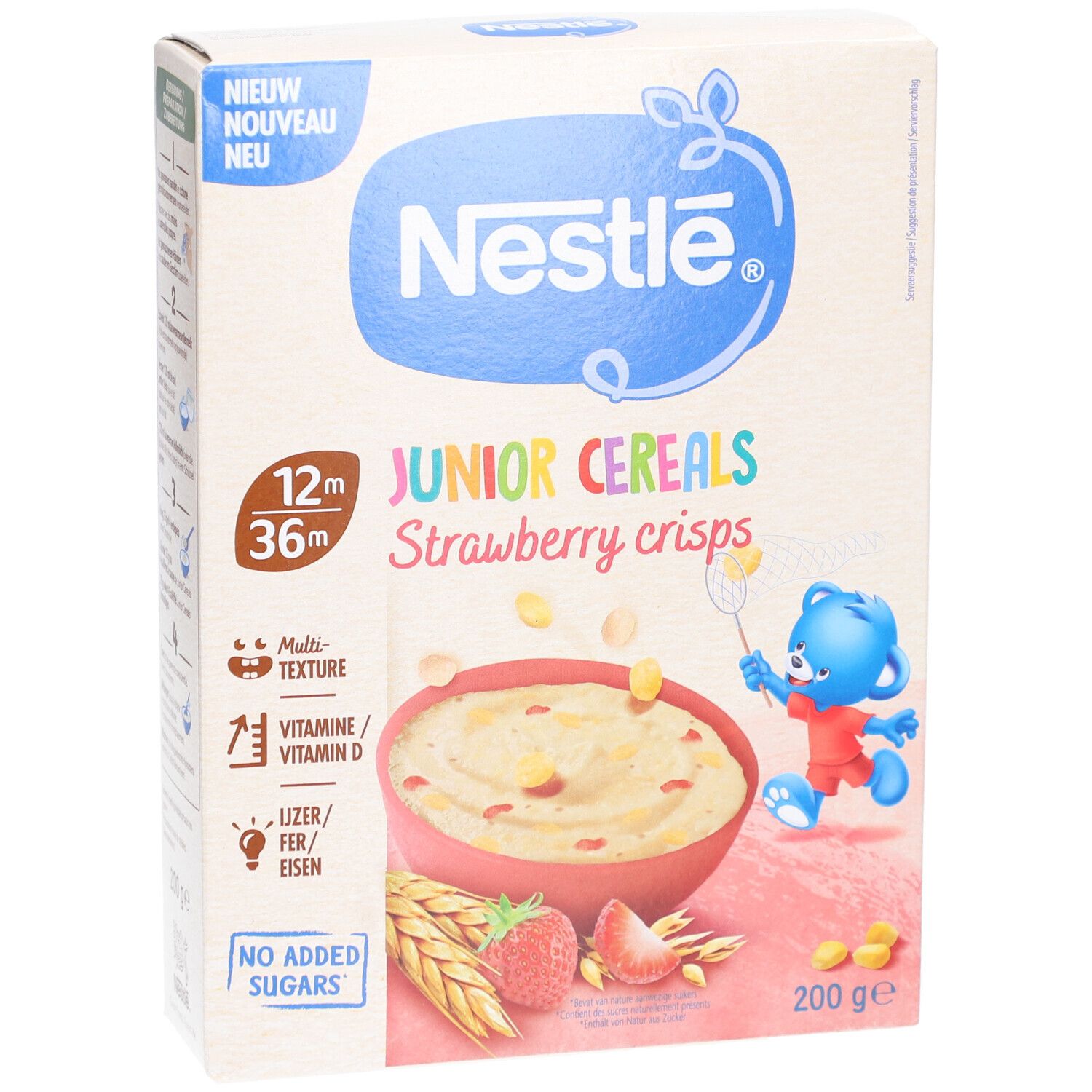 Vorderansicht der Nestlé Junior Cereals Crisps Erdbeere Verpackung. Enthält Cerealien, Erdbeeren und einen Bären. 200g. Für Kinder von 12 bis 36 Monaten.