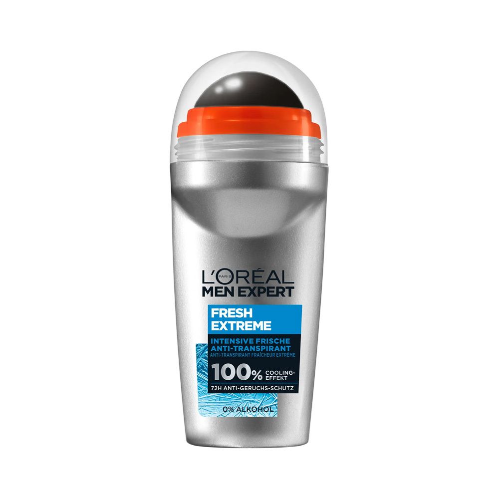 Roll-on déodorant avec boîtier argenté, bille noire et couvercle transparent. Inscriptions bleues et blanches : L'Oréal Men Expert, Fresh Extreme, 100% effet rafraîchissant.