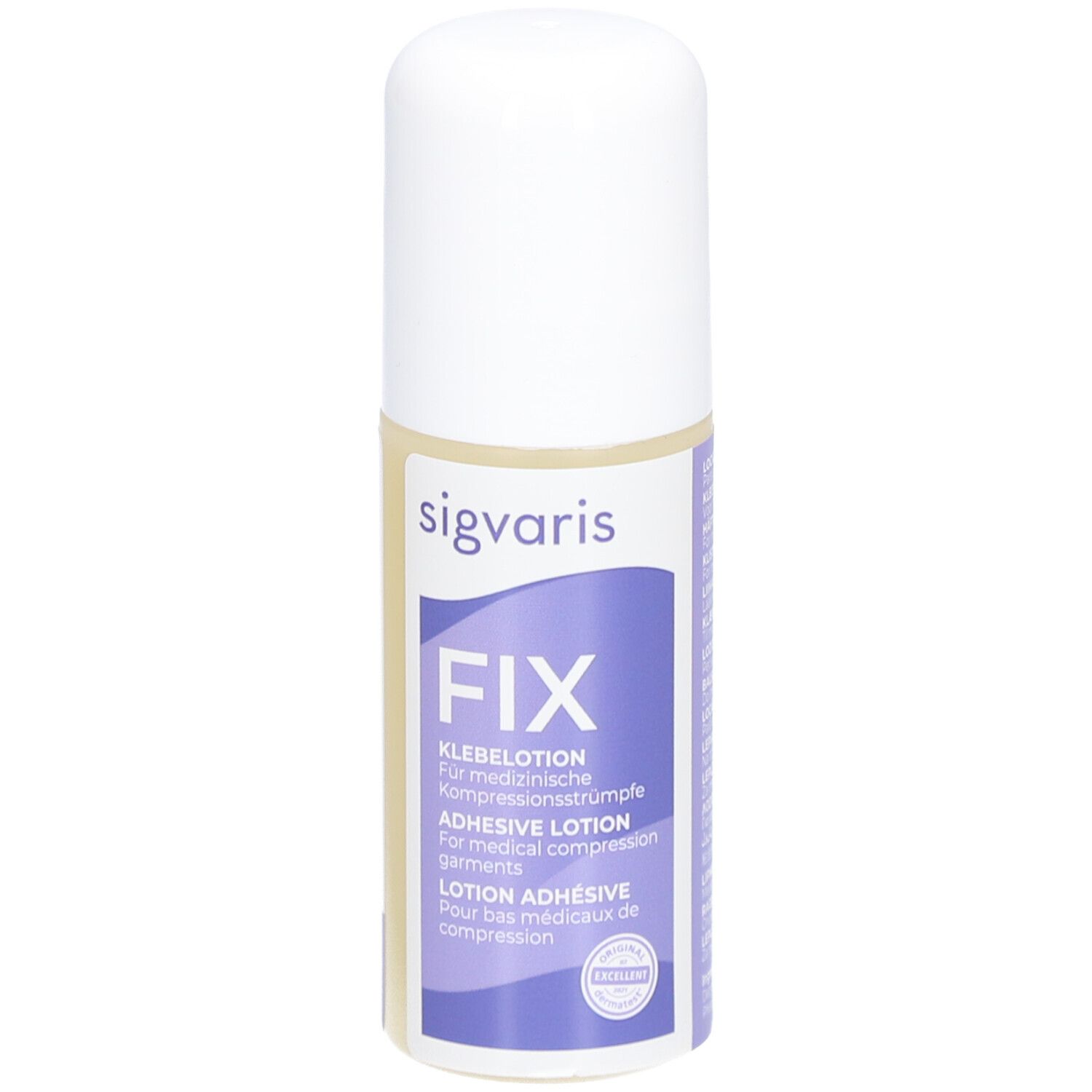 SIGVARIS FIX lotion adhésive. Flacon blanc avec étiquette violette. Inscription: FIX, lotion adhésive pour bas de compression.