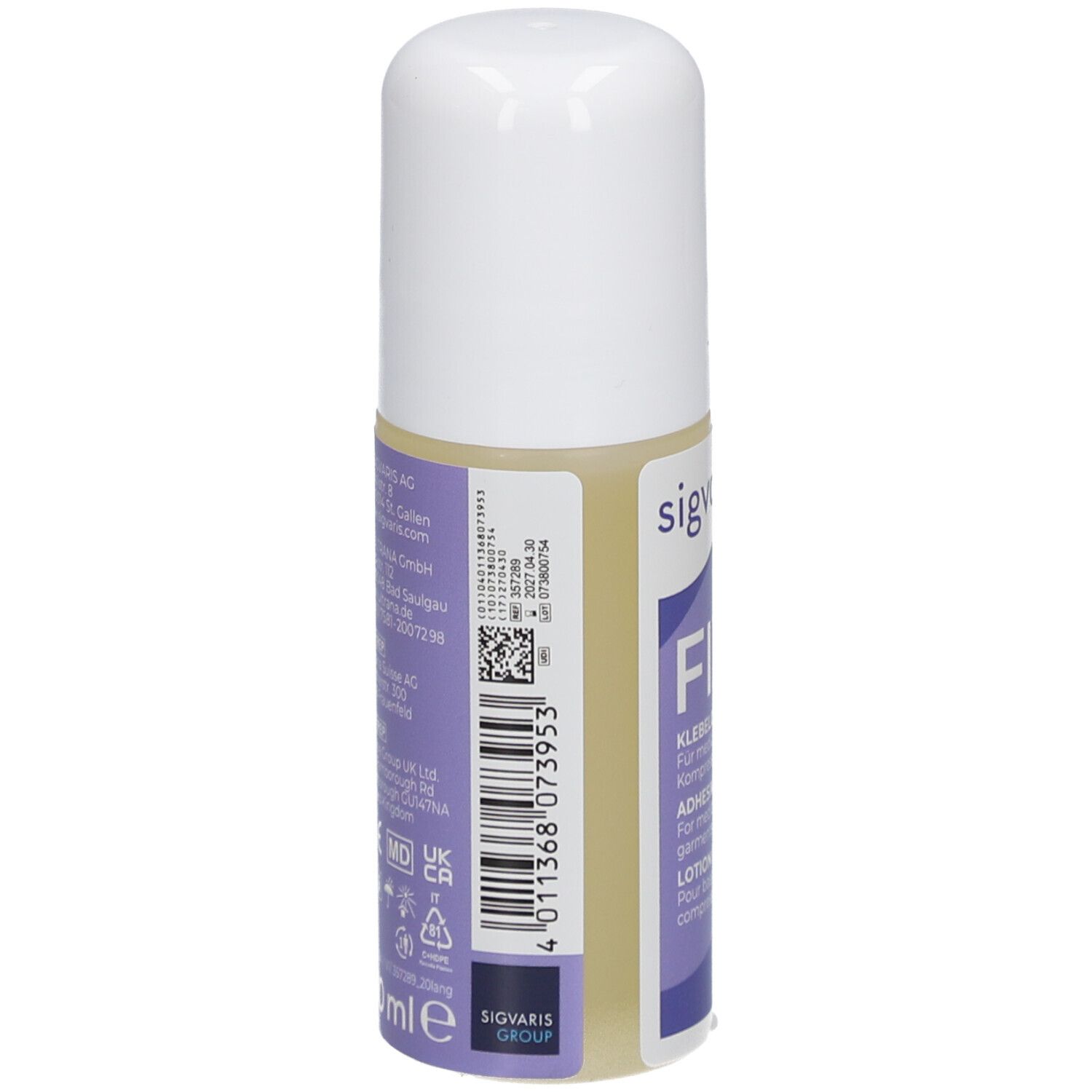 SIGVARIS FIX lotion adhésive. Dos du flacon avec informations et code-barres. Bouchon blanc, étiquette violette.