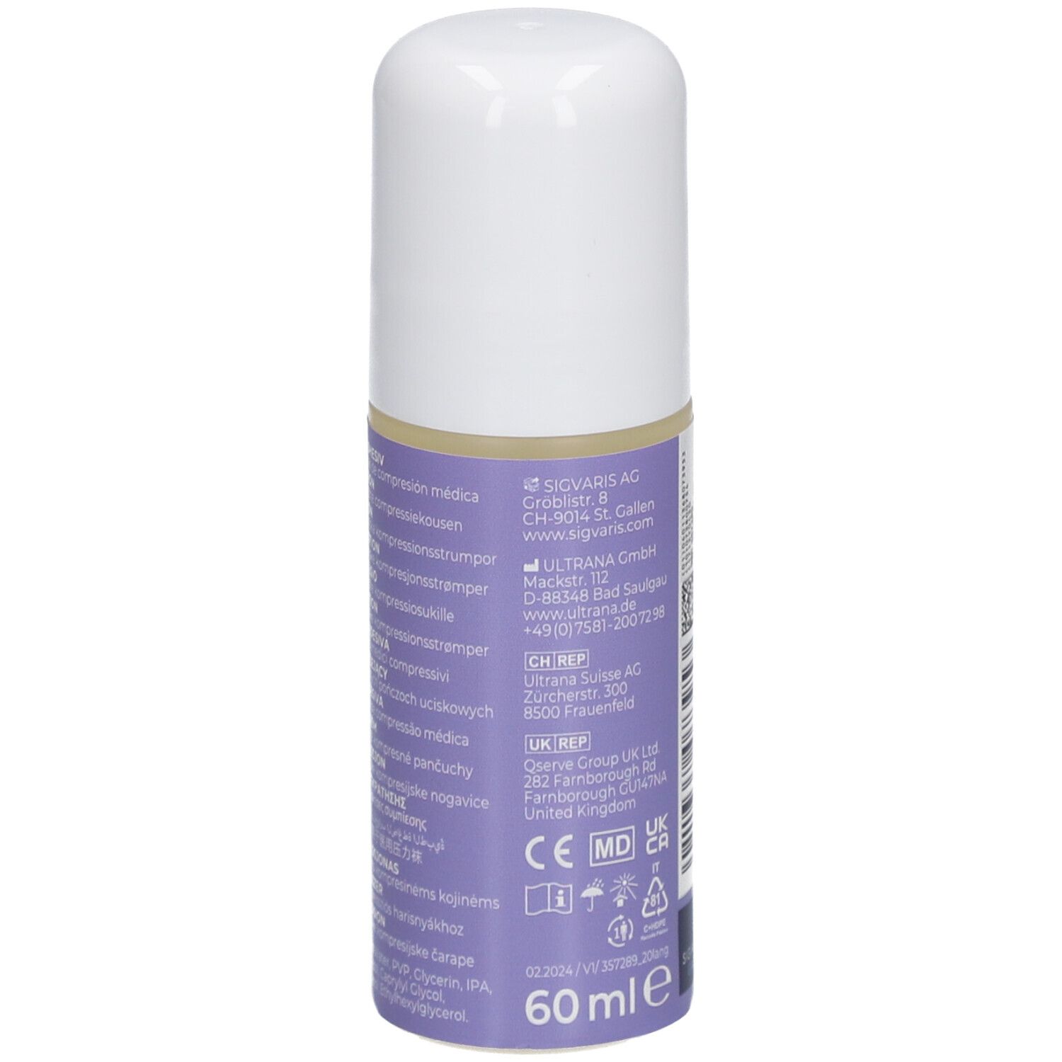SIGVARIS FIX lotion adhésive. Flacon avec bouchon blanc. Inscription: 60 ml. Informations sur l'étiquette violette.