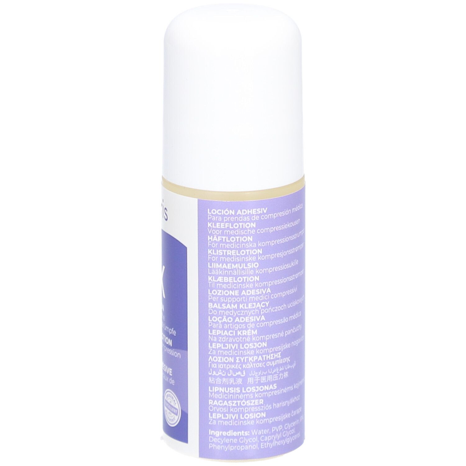 SIGVARIS FIX lotion adhésive. Flacon avec bouchon blanc. Informations multilingues sur l'étiquette violette.