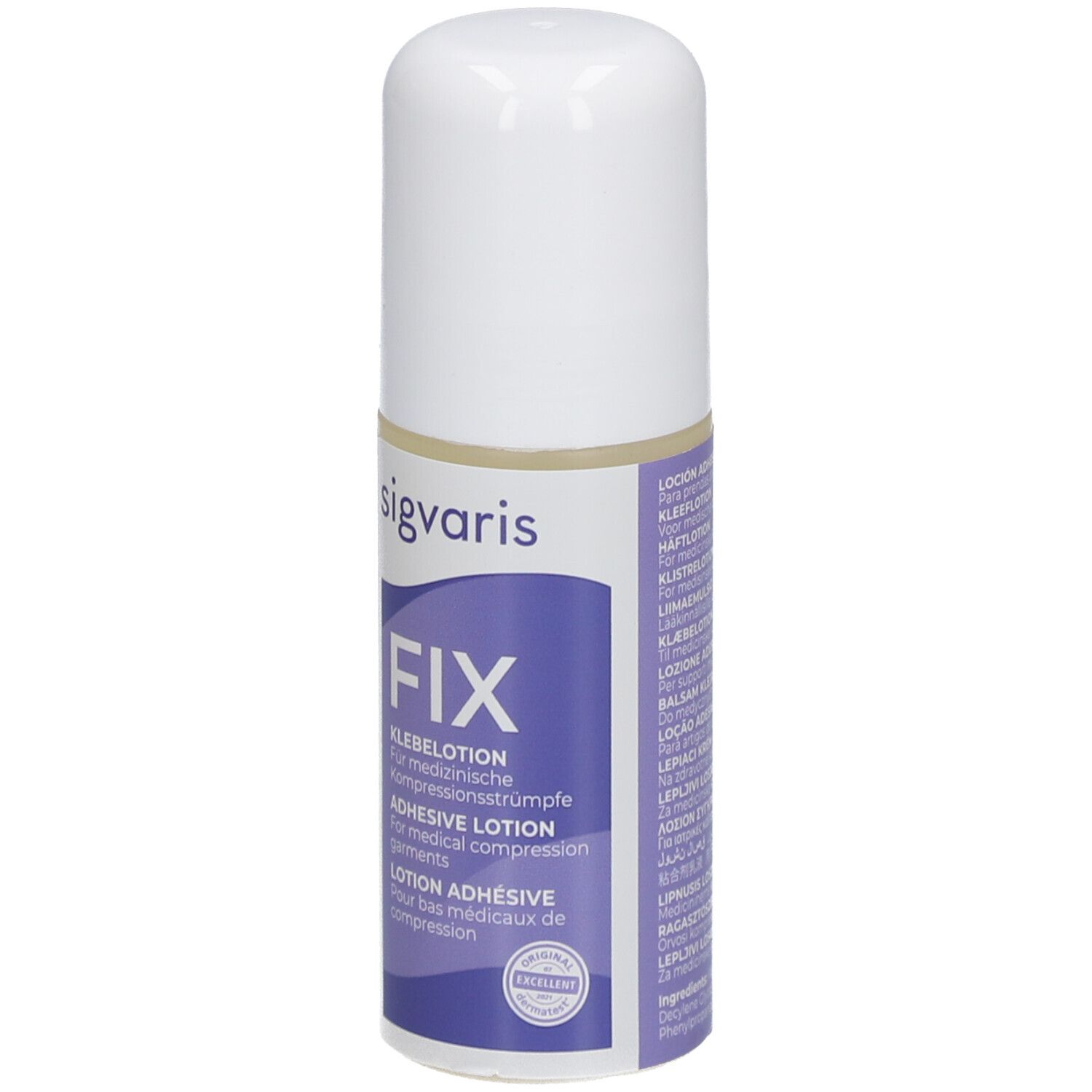 SIGVARIS FIX lotion adhésive. Flacon avec bouchon blanc. Inscription: FIX, lotion adhésive pour bas de compression.