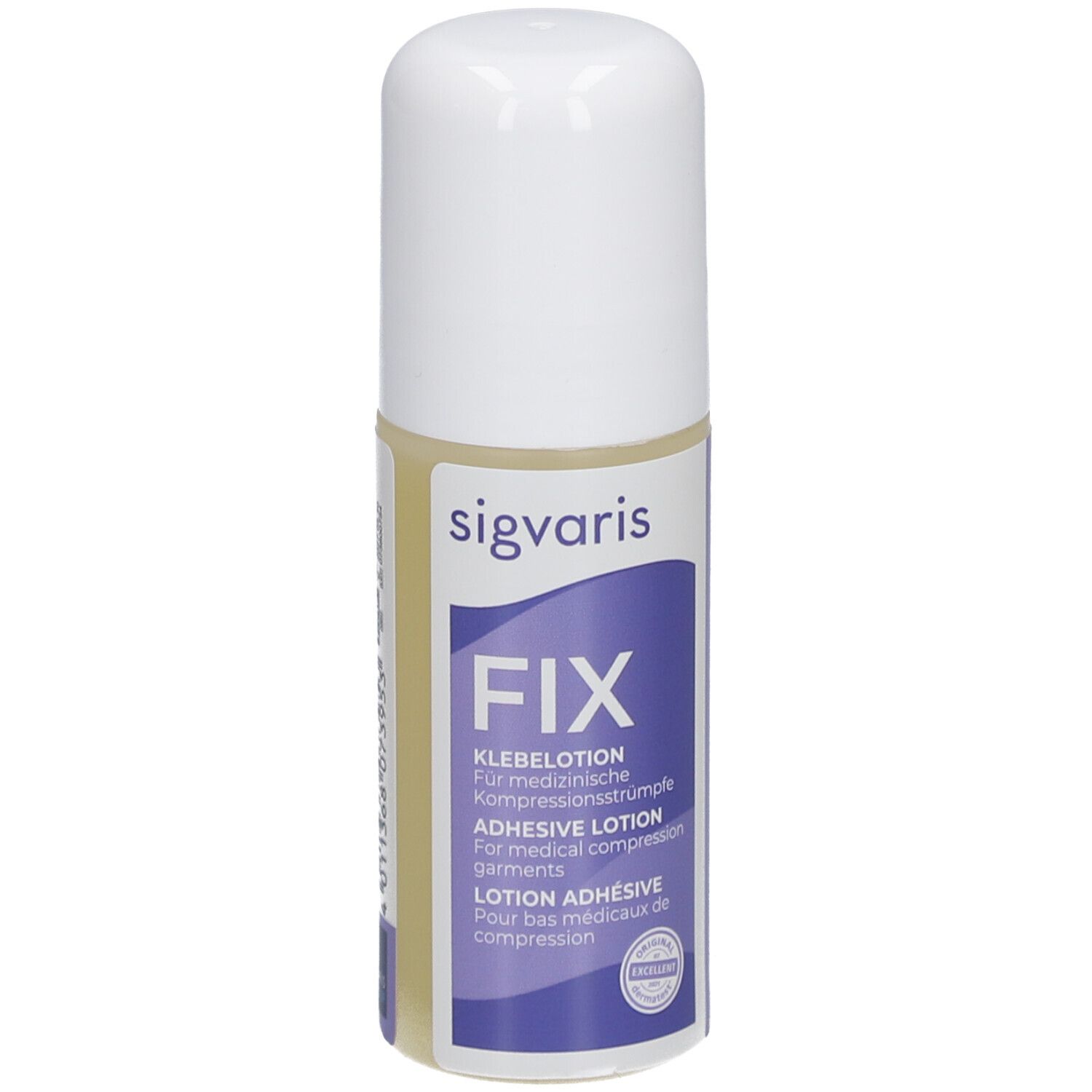 SIGVARIS FIX lotion adhésive. Flacon avec bouchon blanc. Inscription: FIX, lotion adhésive pour bas de compression.
