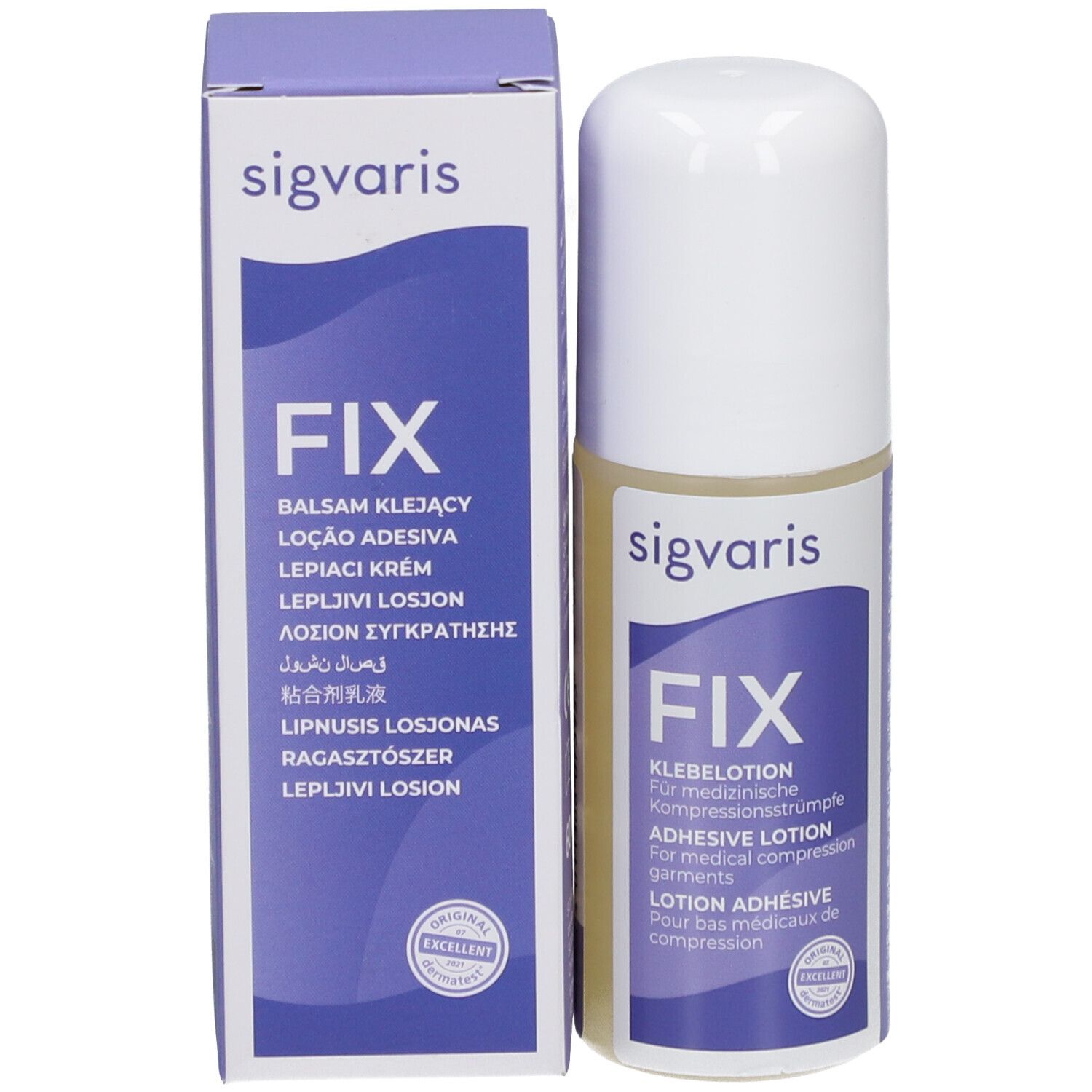 SIGVARIS FIX lotion adhésive et emballage. Flacon et boîte. Inscription: FIX, lotion adhésive pour bas de compression.