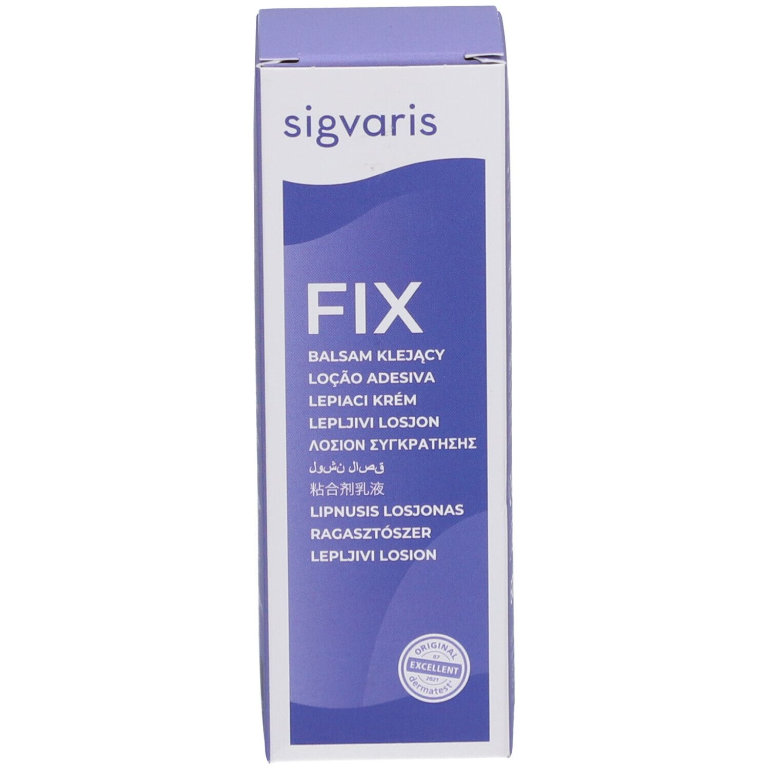 Emballage SIGVARIS FIX. Boîte violette avec inscription: FIX, lotion adhésive pour bas de compression.