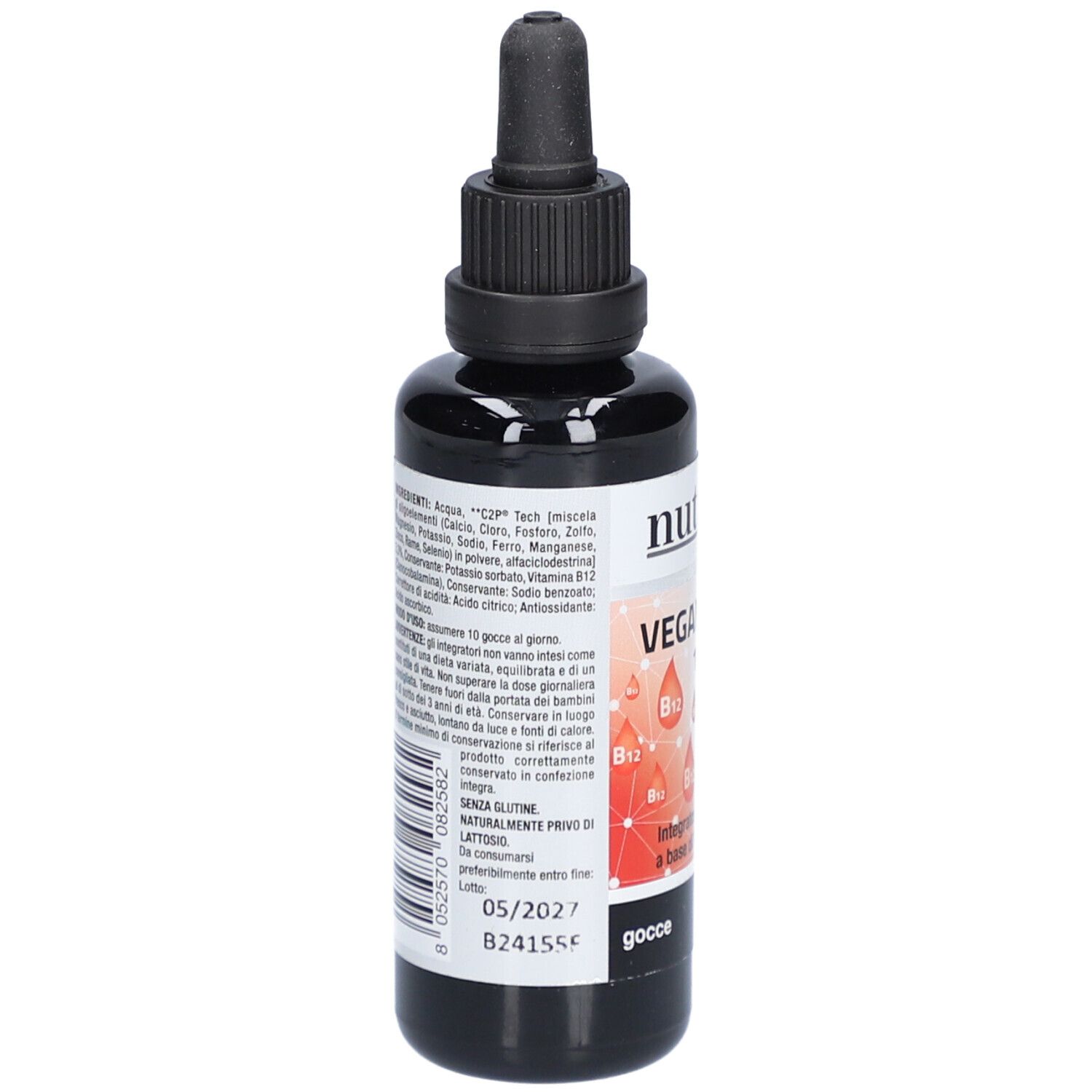 Braune Flasche mit schwarzem Deckel und Pipette. Aufschrift: Nutriva Vegan B12. Zutatenliste und Verfallsdatum.