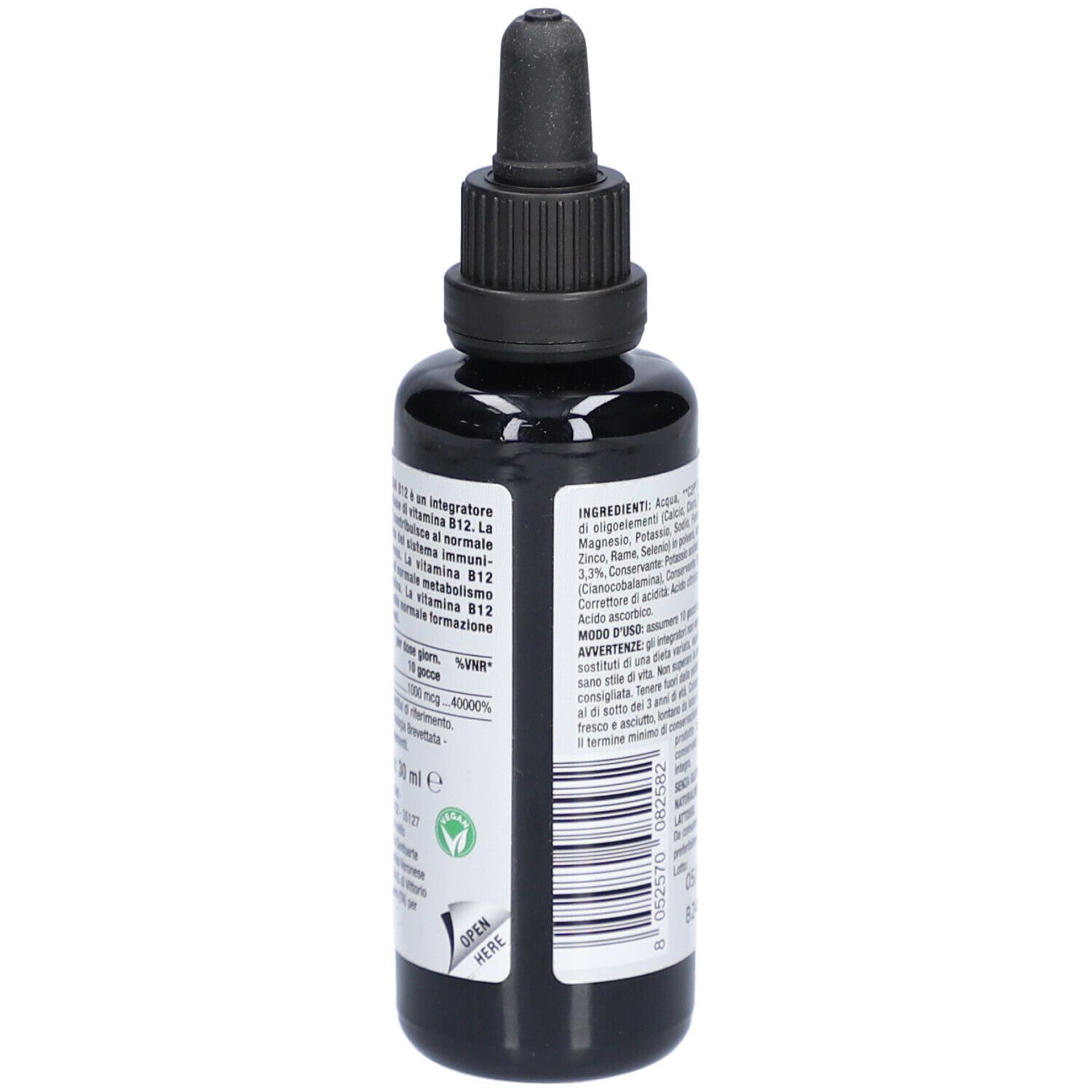 Braune Flasche mit schwarzem Deckel und Pipette. Aufschrift: Nutriva Vegan B12. Zutatenliste und Nährwertangaben.