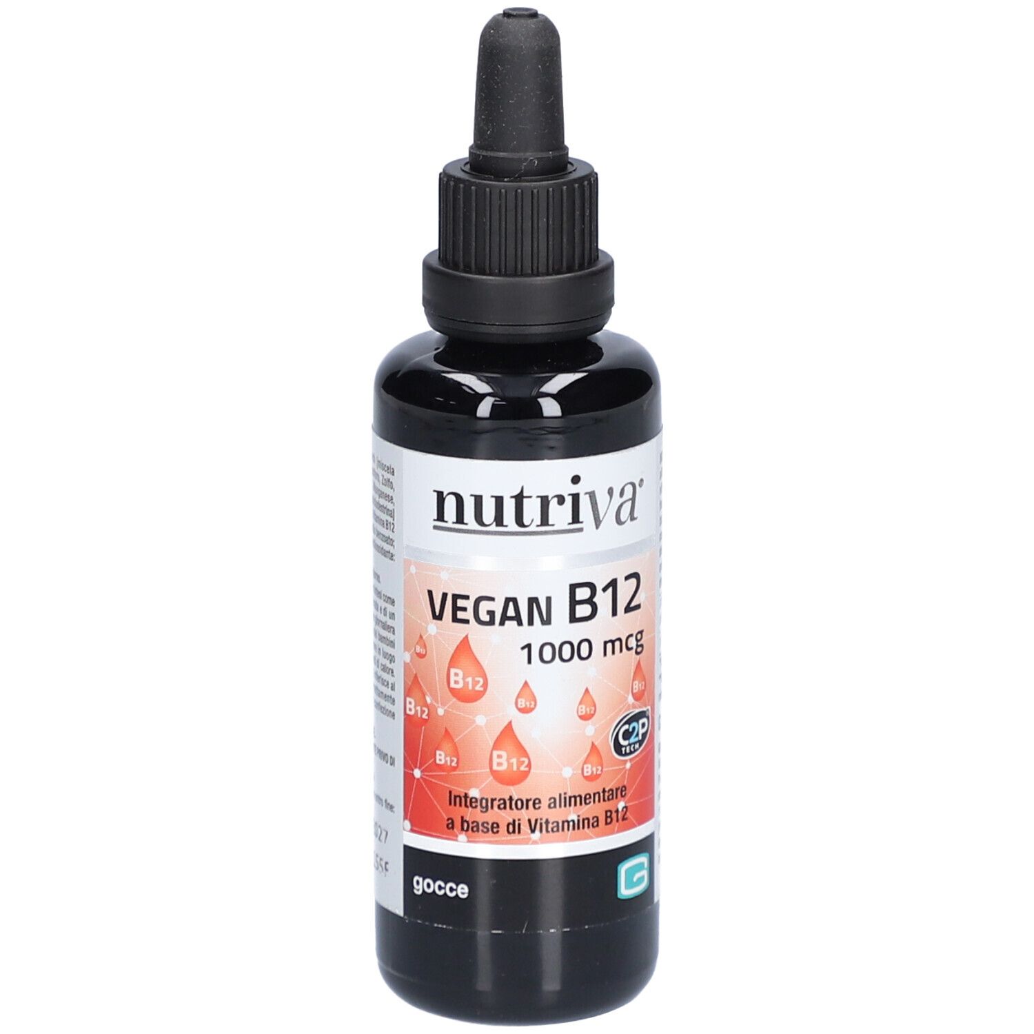 Braune Flasche mit schwarzem Deckel und Pipette. Aufschrift: Nutriva Vegan B12 1000 mcg. Tropfen-Symbol.