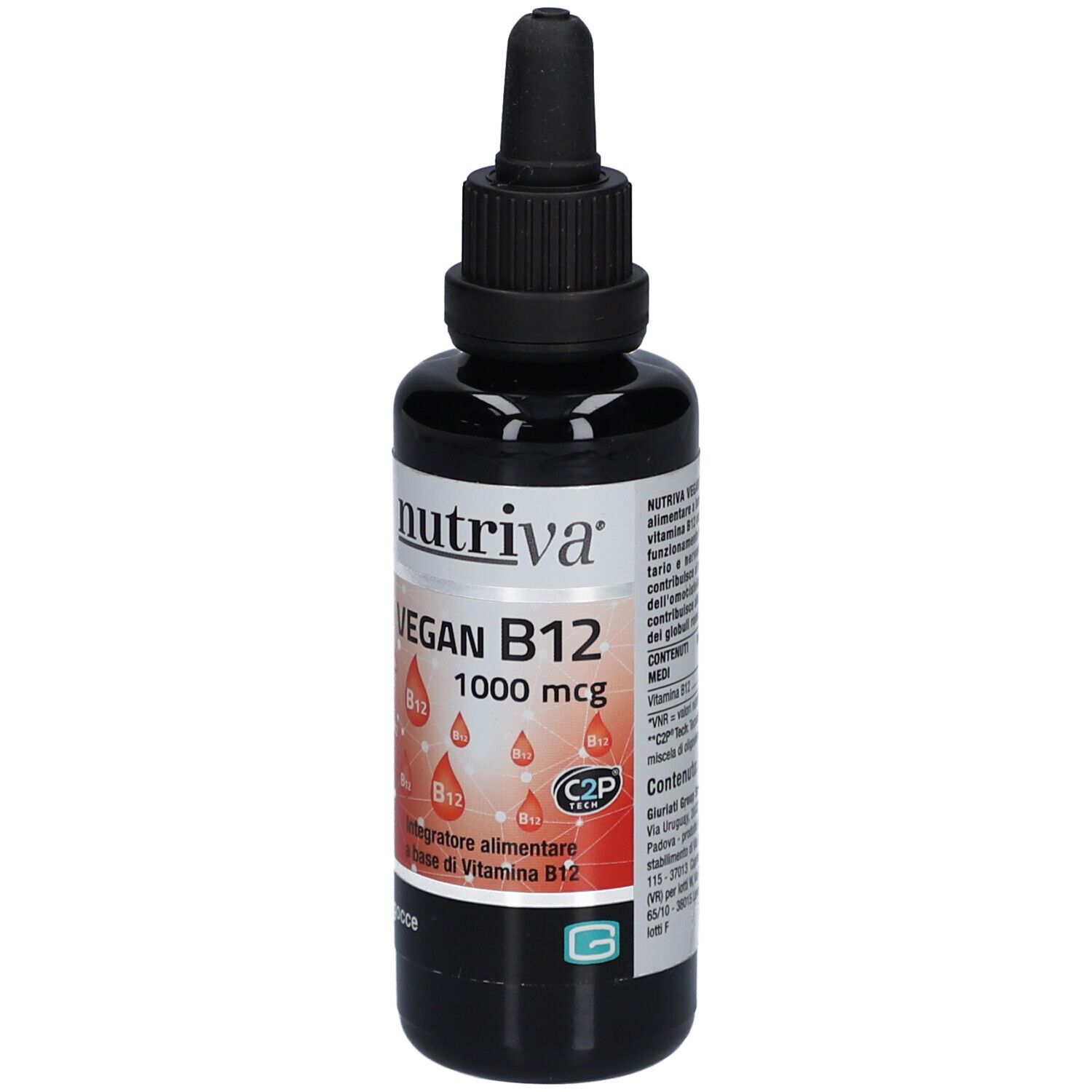 Braune Flasche mit schwarzem Deckel und Pipette. Aufschrift: Nutriva Vegan B12 1000 mcg. Tropfen-Symbol.