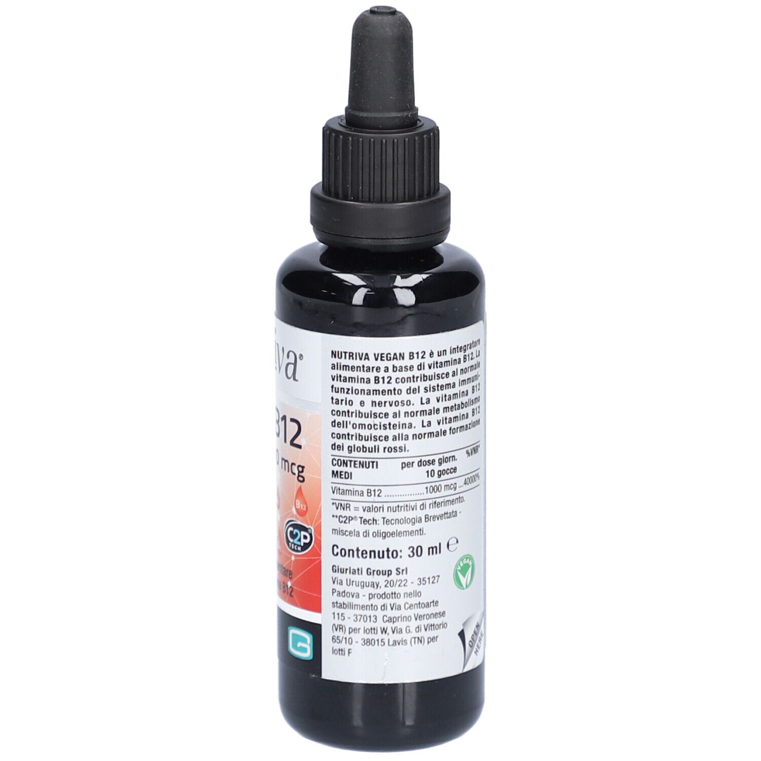 Braune Flasche mit schwarzem Deckel und Pipette. Aufschrift: Nutriva Vegan B12 1000 mcg. Enthält 30 ml.