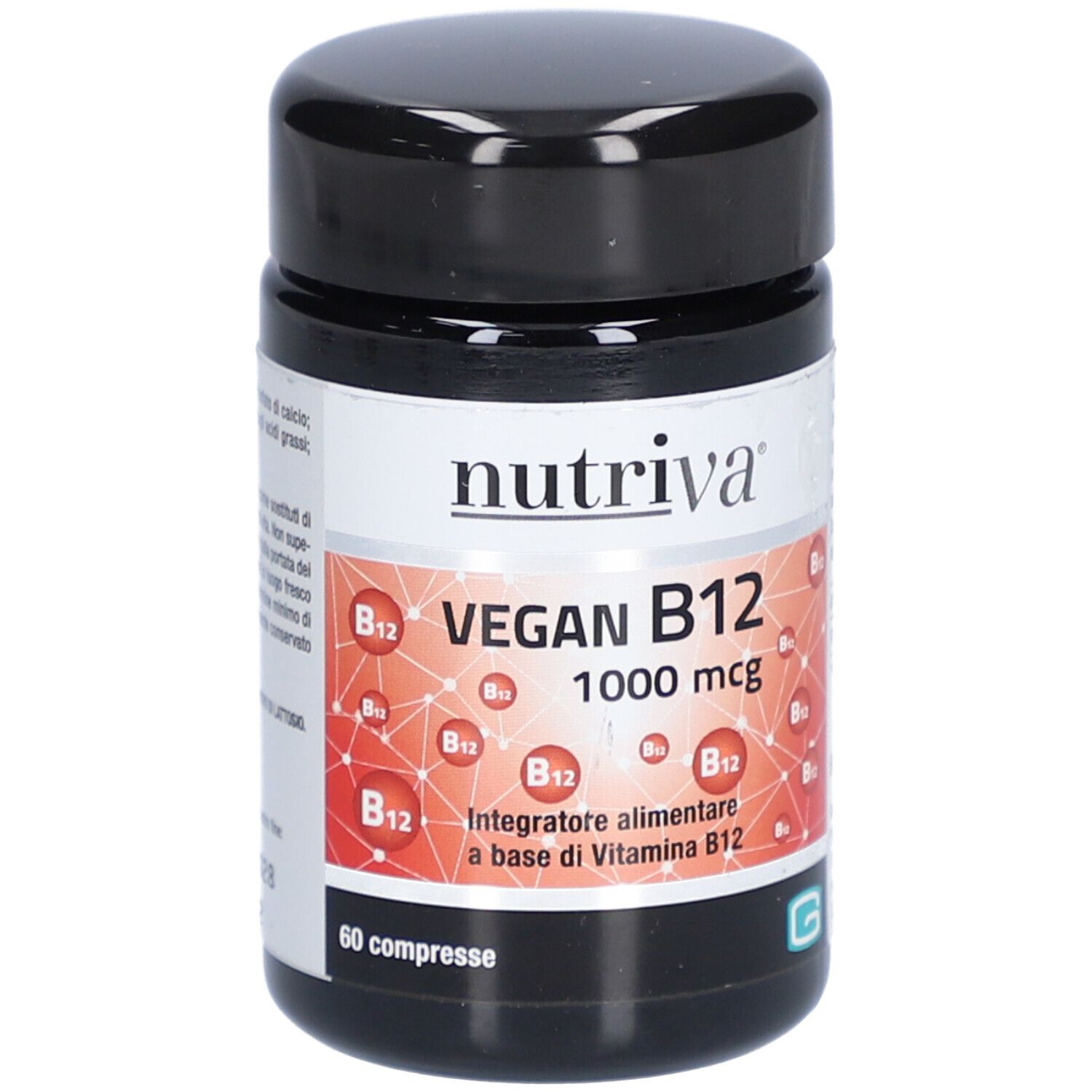 Schwarze Dose mit "nutriva" und "VEGAN B12 1000 mcg". Rote Grafik mit B12-Symbolen. 60 Tabletten.