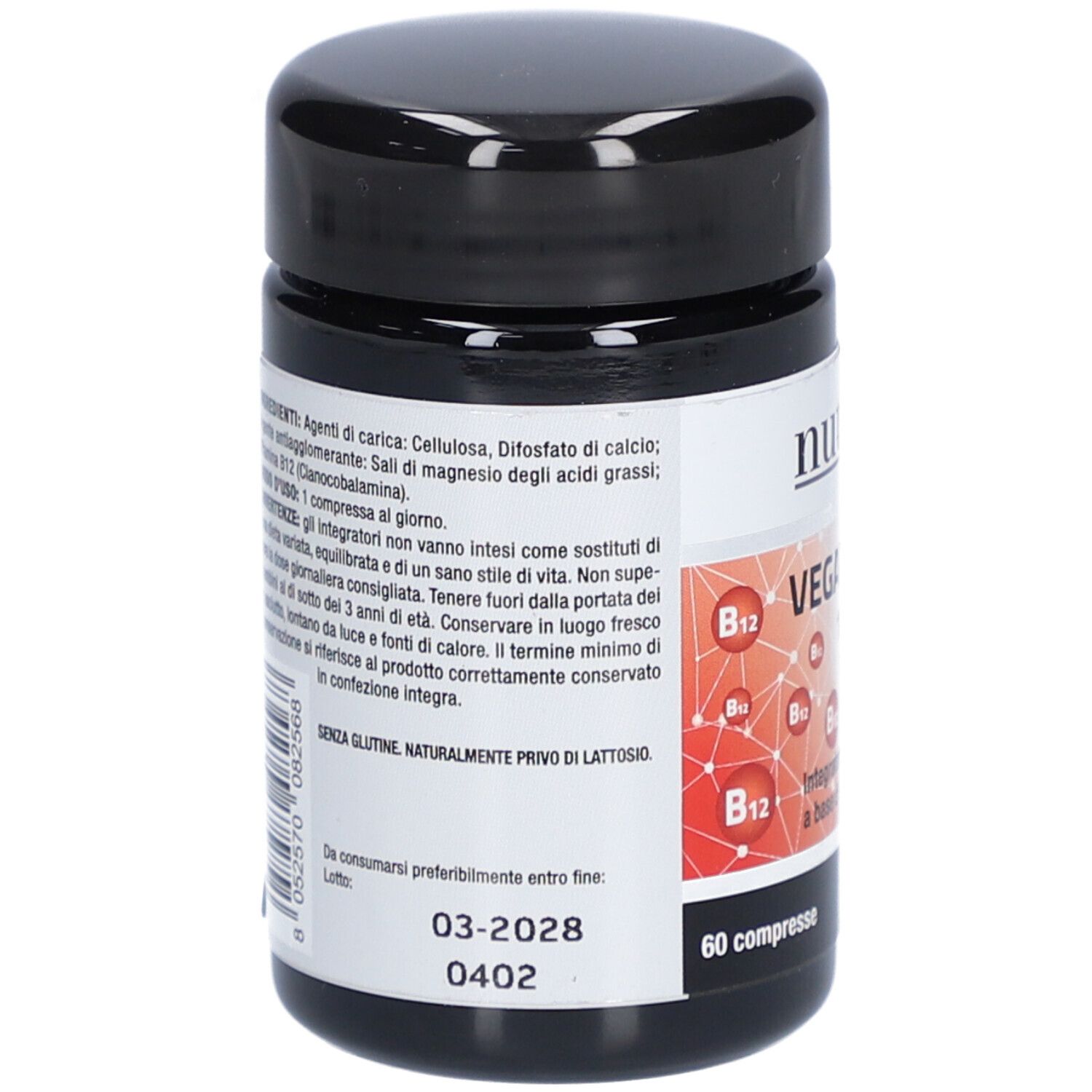 Rückseite der schwarzen Dose. Text mit Inhaltsstoffen und Verfallsdatum. "60 compresse".
