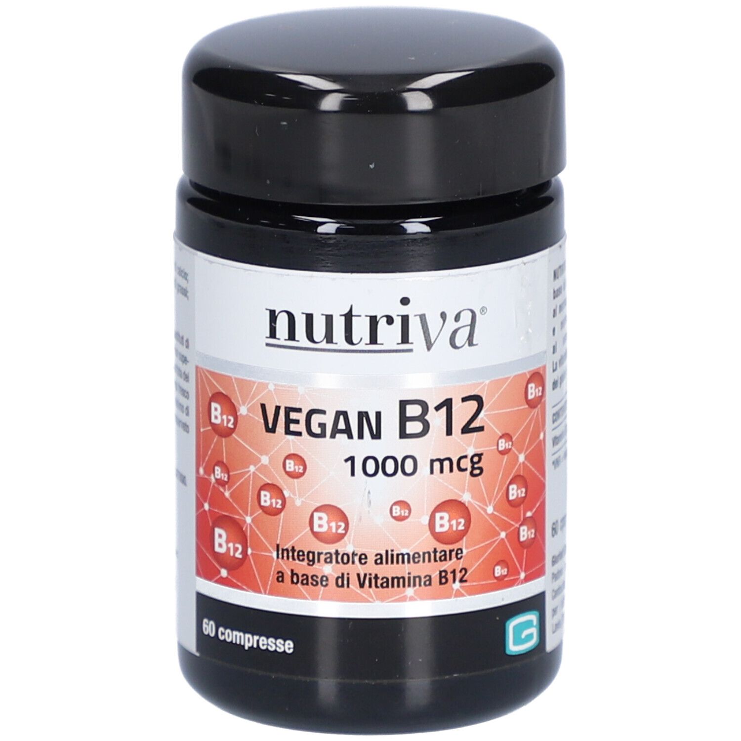 Schwarze Dose mit "nutriva" und "VEGAN B12 1000 mcg". Rote Grafik mit B12-Symbolen. 60 Tabletten.