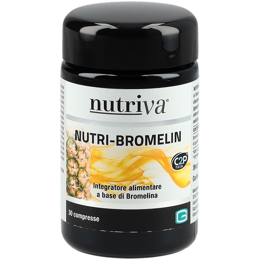 Flacon noir avec "nutriva" et "NUTRI-BROMELIN". Illustration d'ananas. "Integratore alimentare a base di Bromelina". 30 comprimés.